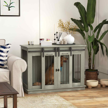 Dog Cage Furniture with Two-Room Option, 2 Doors Modern Metal Dog Box for Indoor Home, Doghouse for Large Dogs up to 30 kg, Doghouse 120 x 60 x 88.5 cm Gray