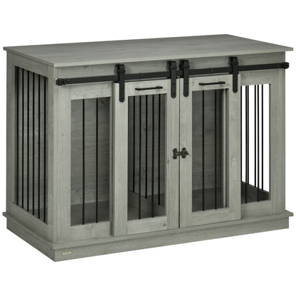 Dog Cage Furniture with Two-Room Option, 2 Doors Modern Metal Dog Box for Indoor Home, Doghouse for Large Dogs up to 30 kg, Doghouse 120 x 60 x 88.5 cm Gray