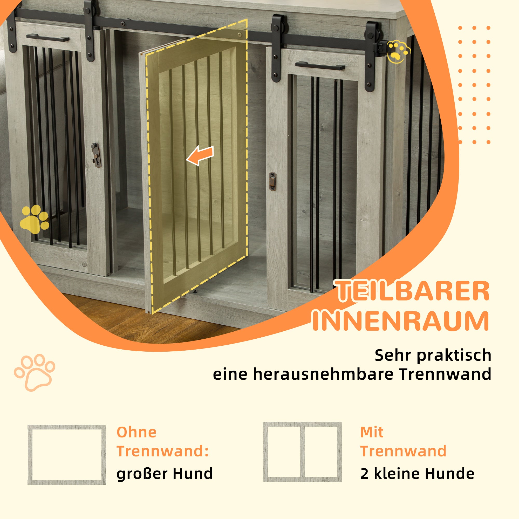 Dog Cage Furniture with Two-Room Option, 2 Doors Modern Metal Dog Box for Indoor Home, Doghouse for Large Dogs up to 30 kg, Doghouse 120 x 60 x 88.5 cm Gray