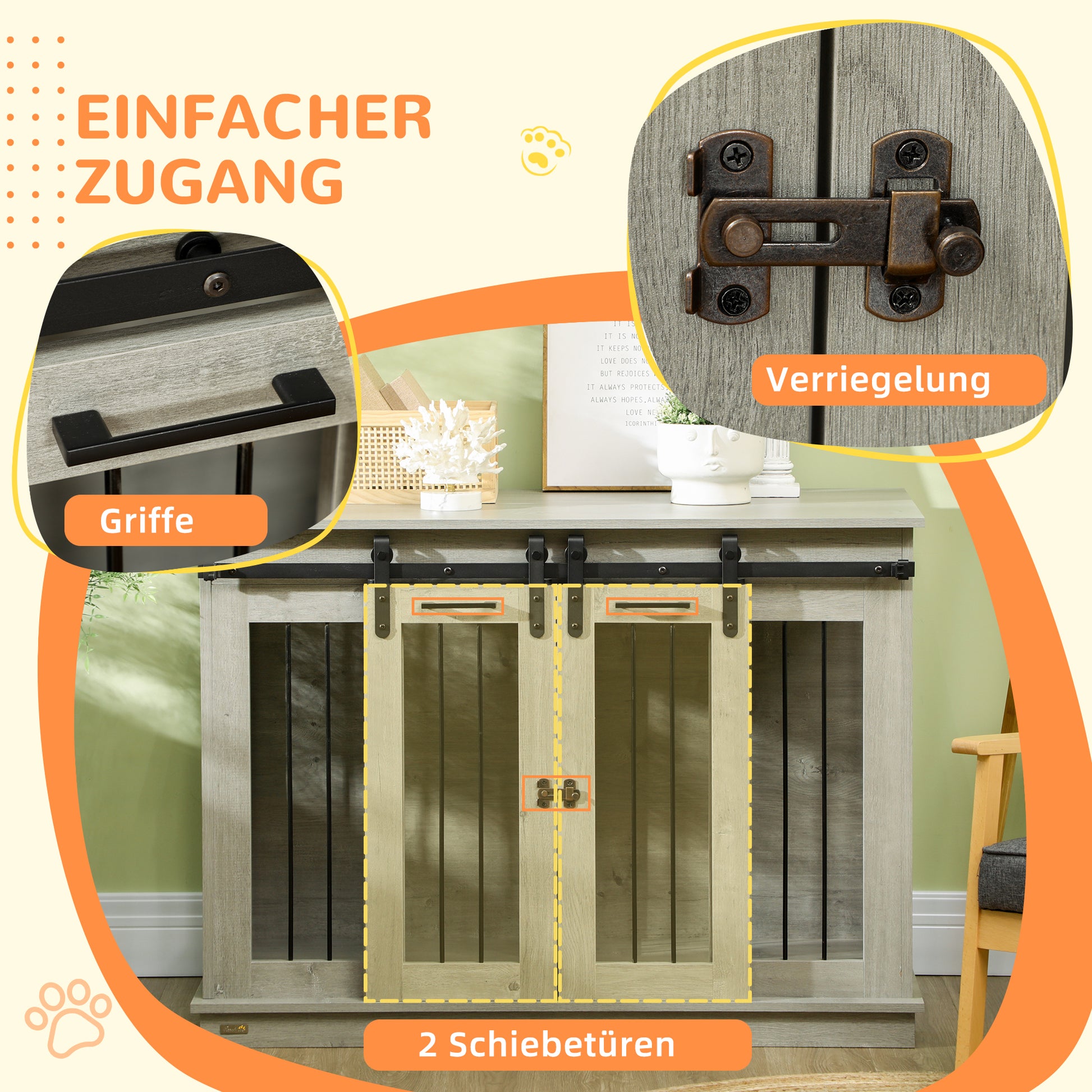 Dog Cage Furniture with Two-Room Option, 2 Doors Modern Metal Dog Box for Indoor Home, Doghouse for Large Dogs up to 30 kg, Doghouse 120 x 60 x 88.5 cm Gray