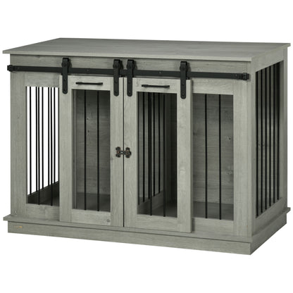 Dog Cage Furniture with Two-Room Option, 2 Doors Modern Metal Dog Box for Indoor Home, Doghouse for Large Dogs up to 30 kg, Doghouse 120 x 60 x 88.5 cm Gray