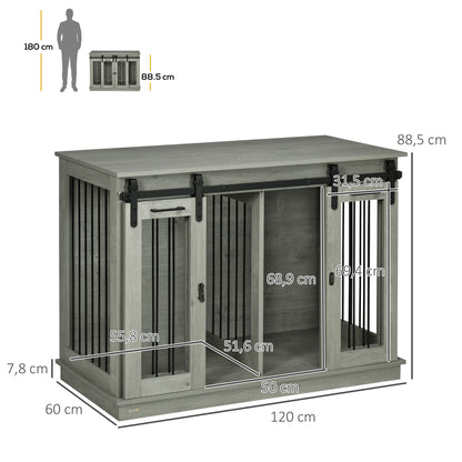 Dog Cage Furniture with Two-Room Option, 2 Doors Modern Metal Dog Box for Indoor Home, Doghouse for Large Dogs up to 30 kg, Doghouse 120 x 60 x 88.5 cm Gray