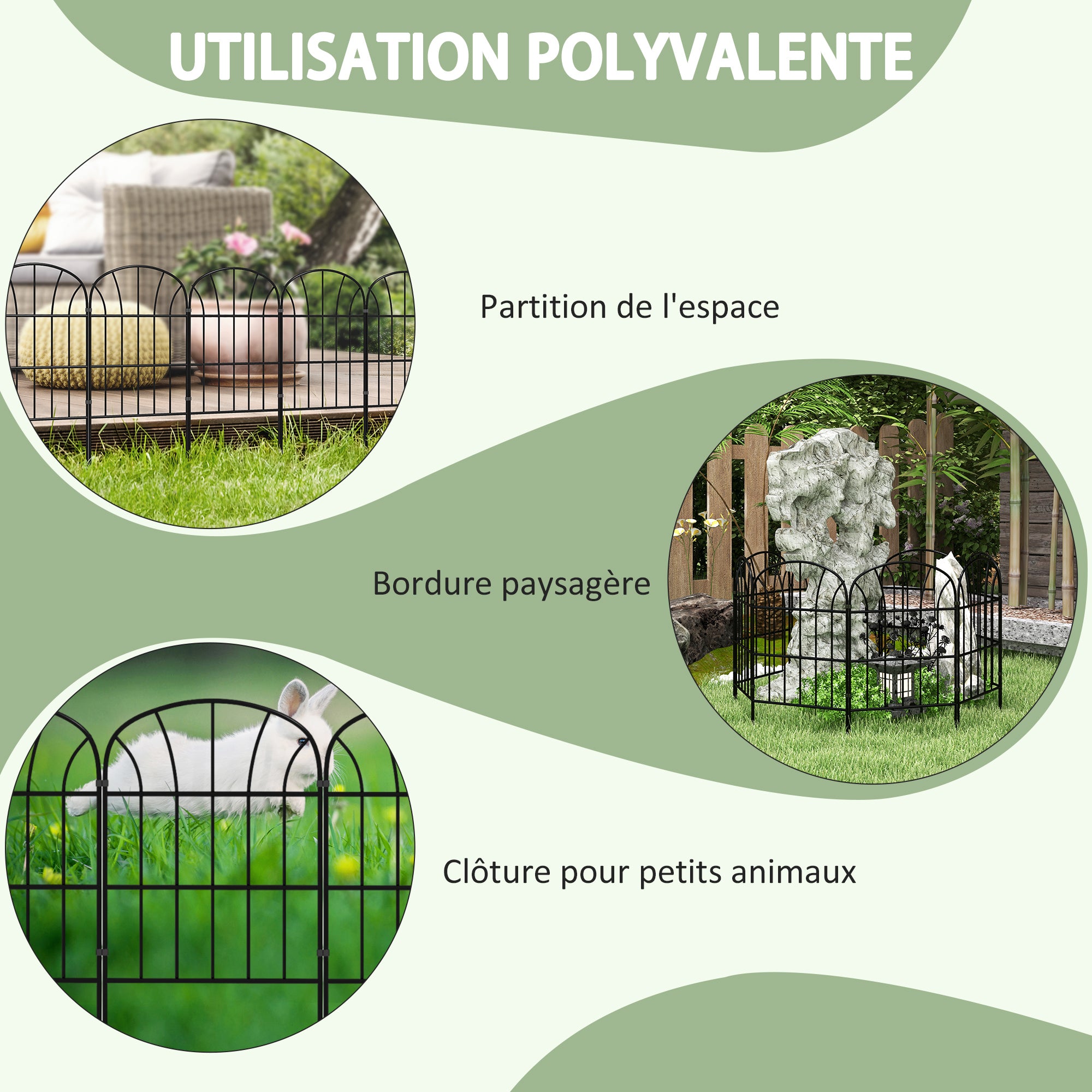 Set of 8 decorative garden fences, black metal borders with ornaments - 264 x 61 cm black