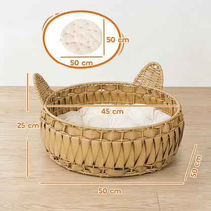 Rattan Cat Bed with Removable Cushion — Cat Cave for Cats up to 22 lb, 19.7" x 19.7" x 9.8", Light Brown