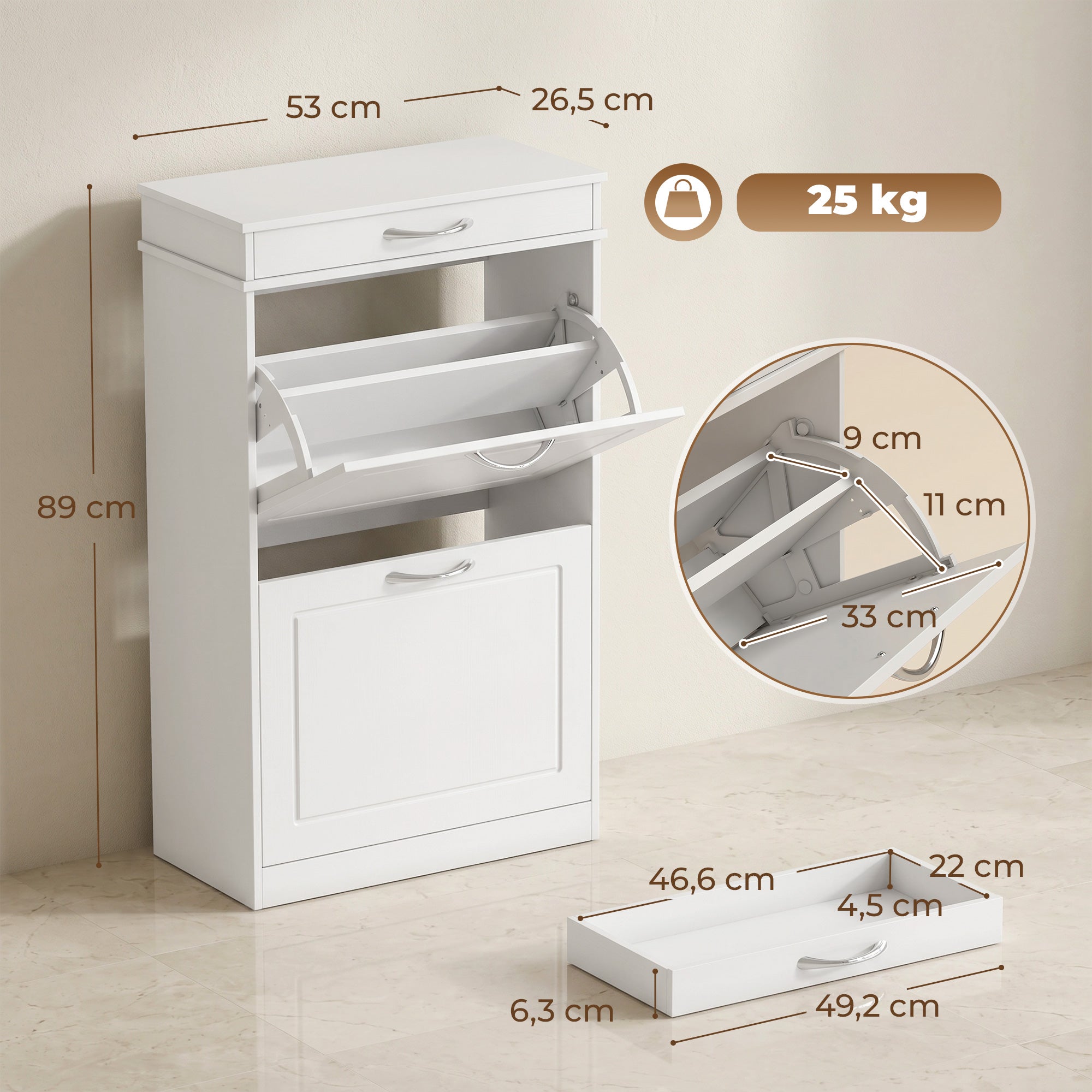 Shoe Cabinet for 8 Pairs — Slim Entryway Cabinet with Drawer, 2 Flip Doors & Adjustable Shelf, 53 x 26.5 x 89 cm (20.9 x 10.4 x 35.0 in), White