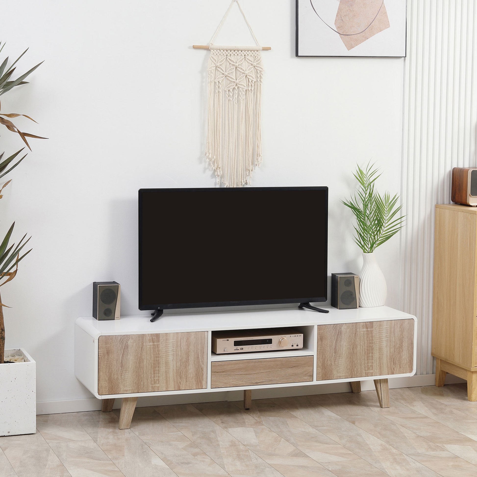 Low TV Stand Scandinavian Style 2 Doors Compartment Drawer MDF White Light Oak