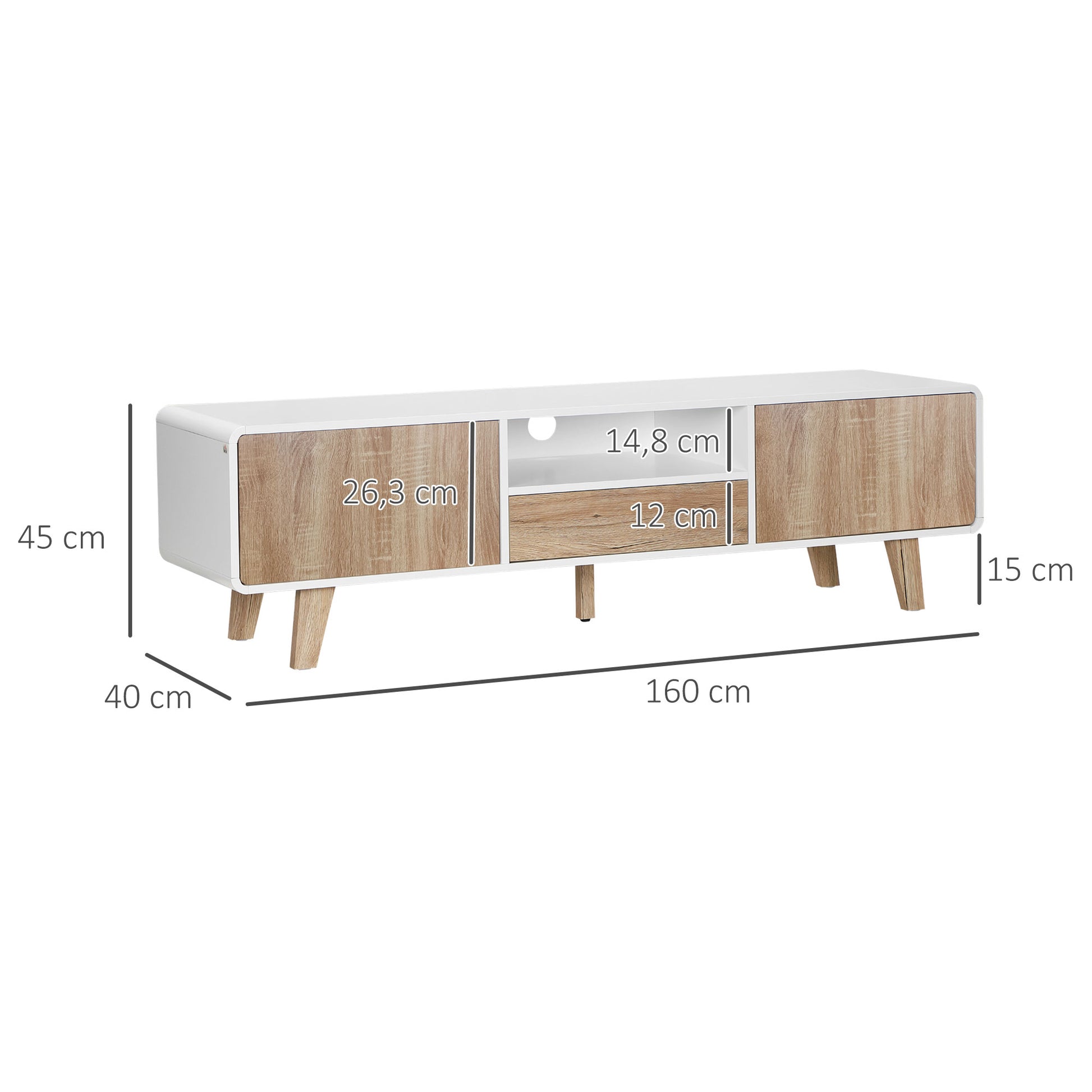 Low TV Stand Scandinavian Style 2 Doors Compartment Drawer MDF White Light Oak