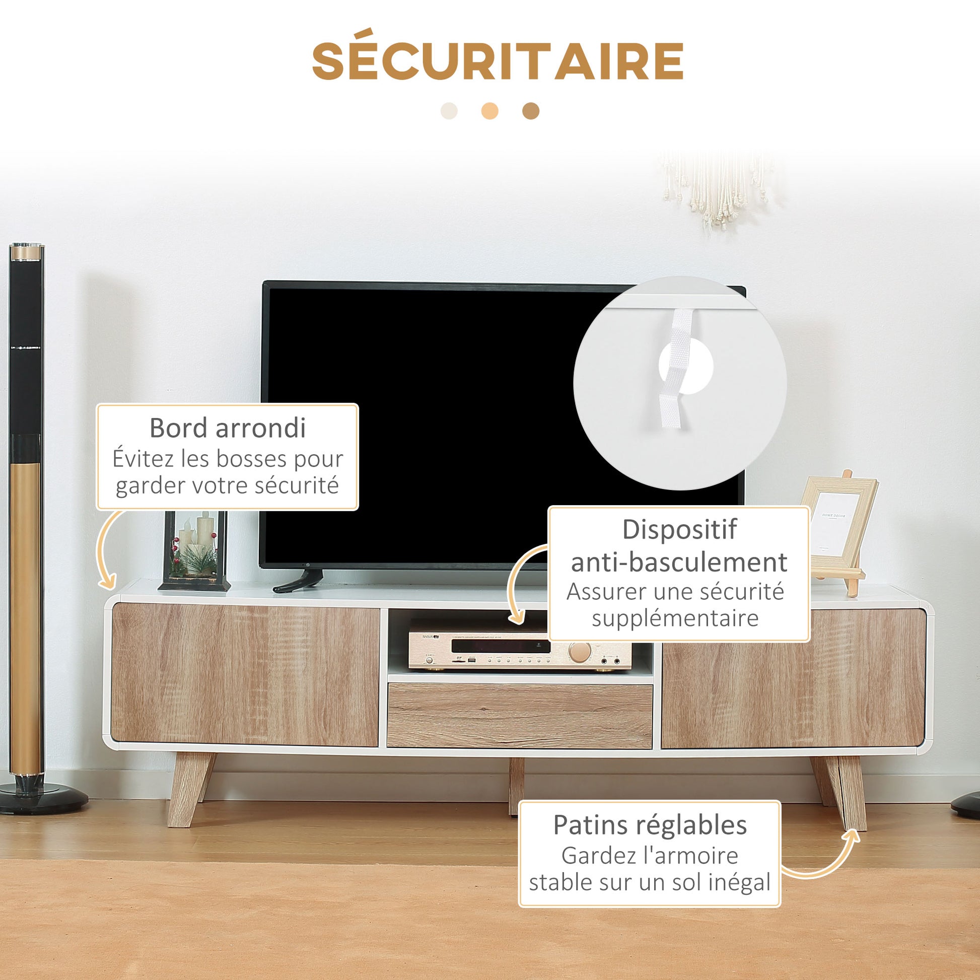 Low TV Stand Scandinavian Style 2 Doors Compartment Drawer MDF White Light Oak