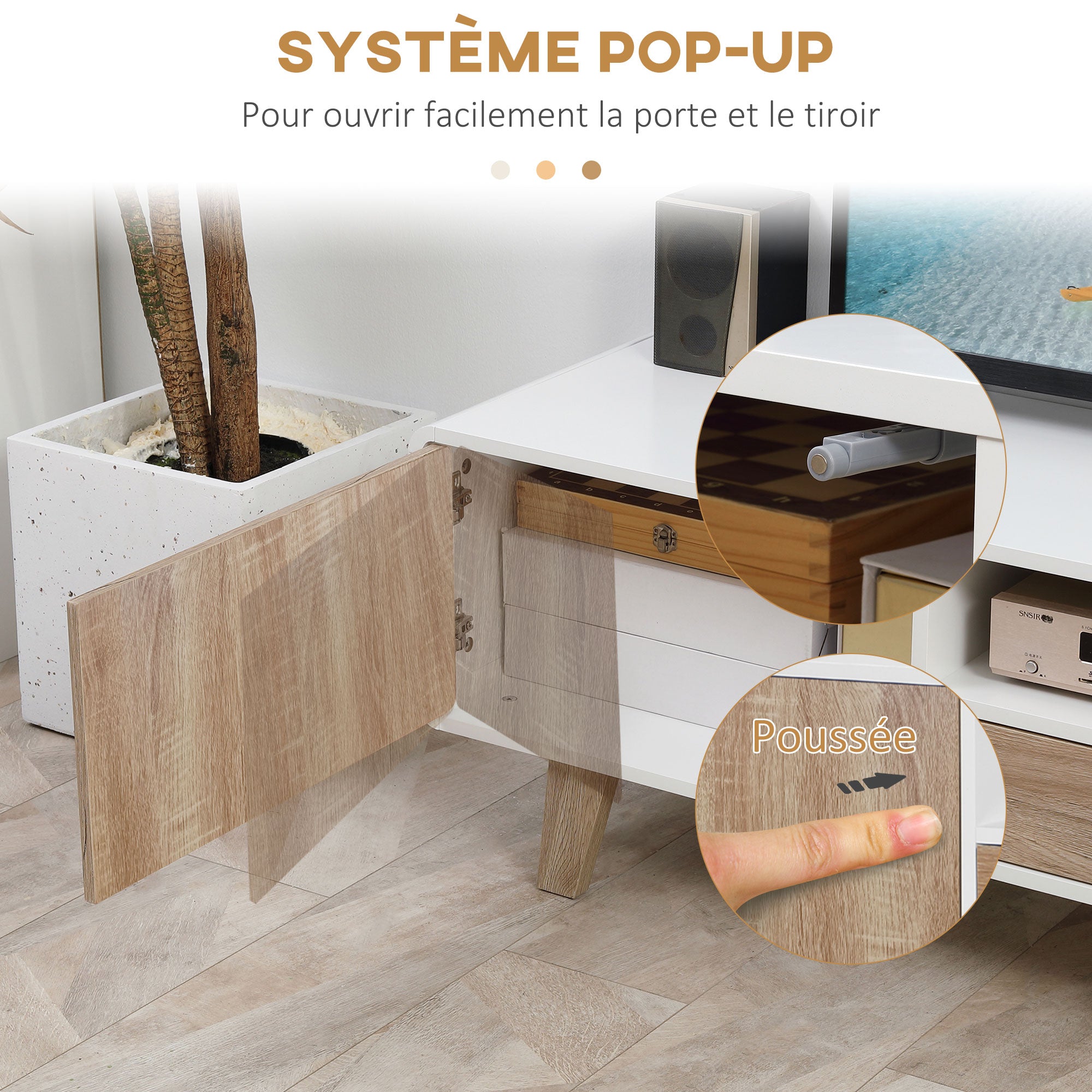 Low TV Stand Scandinavian Style 2 Doors Compartment Drawer MDF White Light Oak