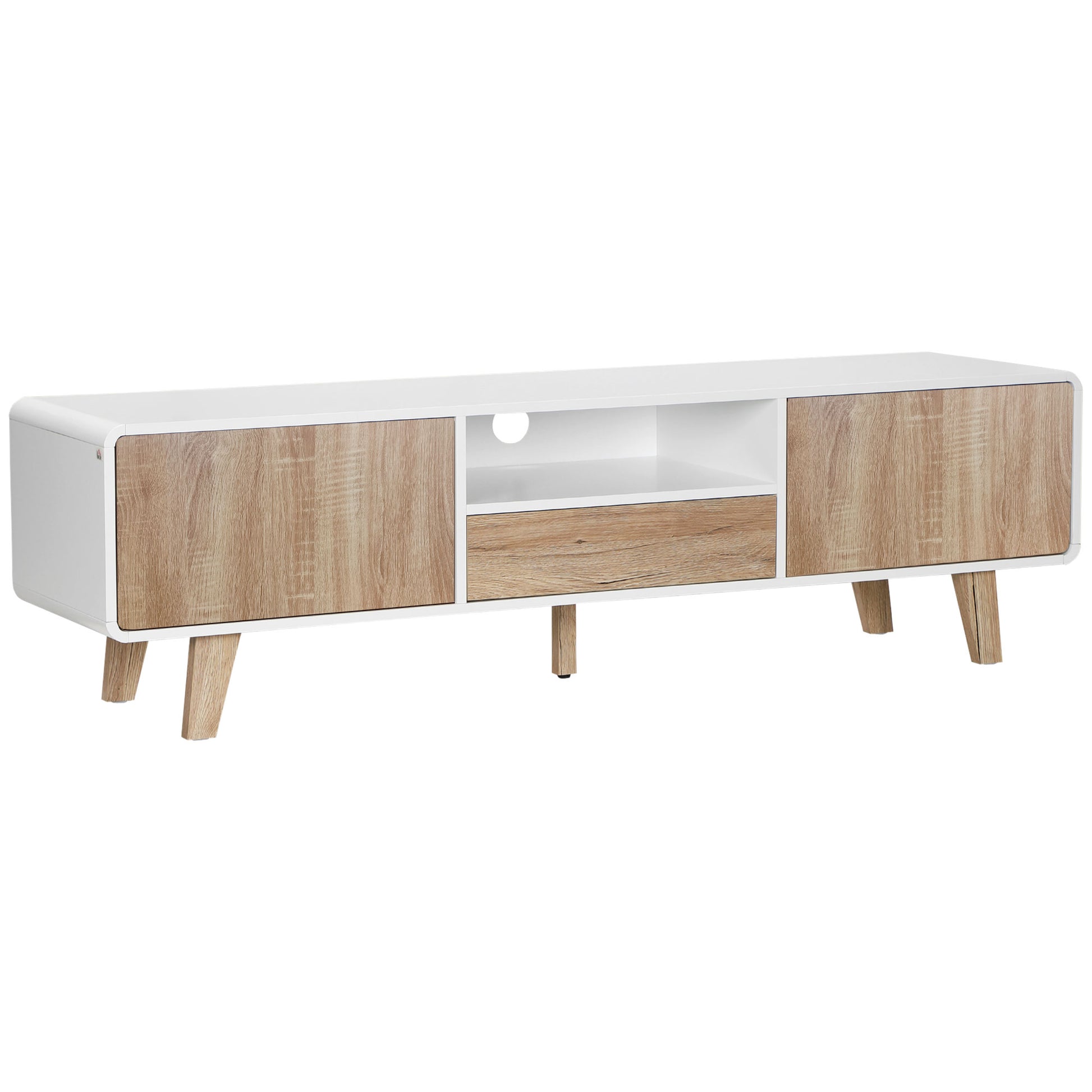 Low TV Stand Scandinavian Style 2 Doors Compartment Drawer MDF White Light Oak