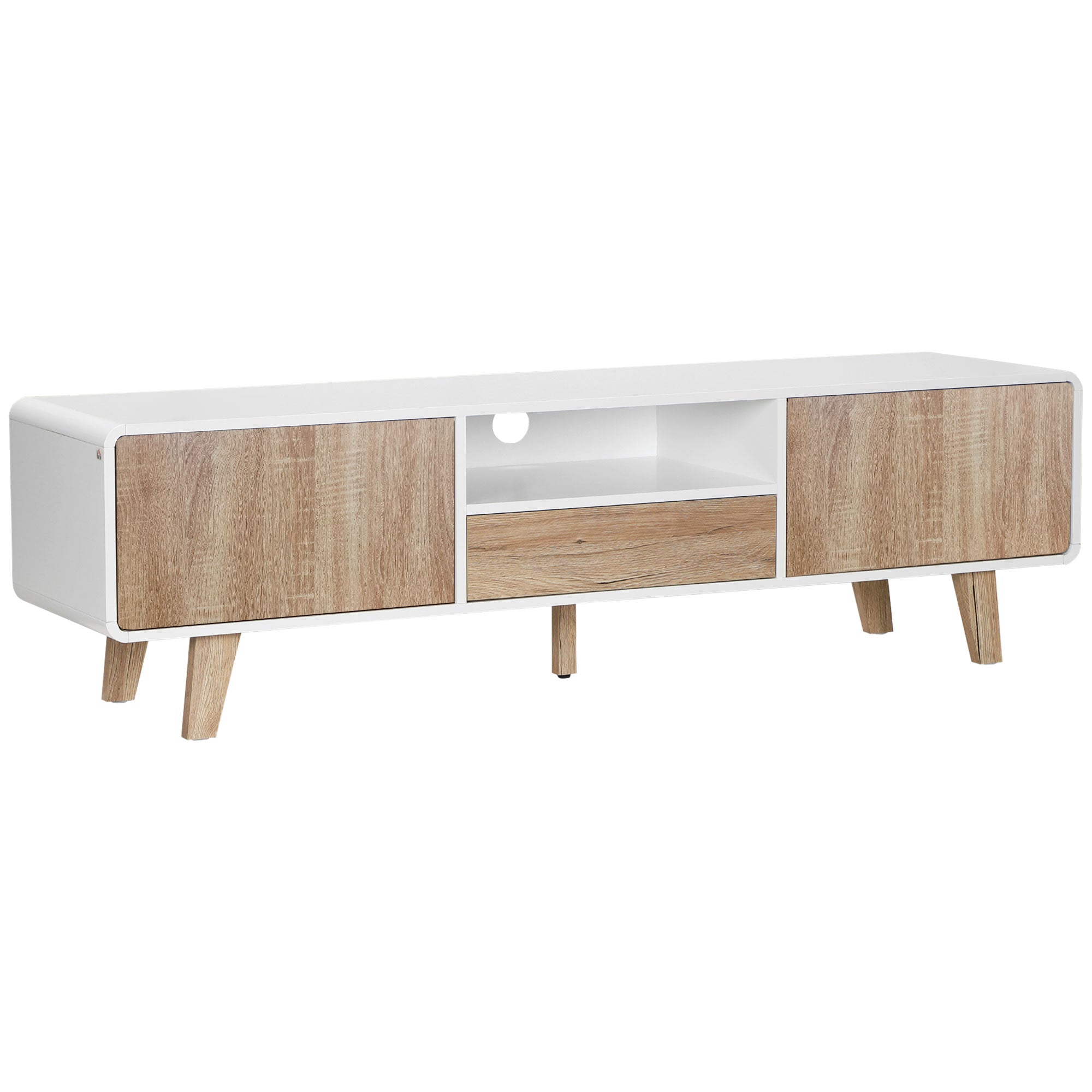 Low TV Stand Scandinavian Style 2 Doors Compartment Drawer MDF White Light Oak
