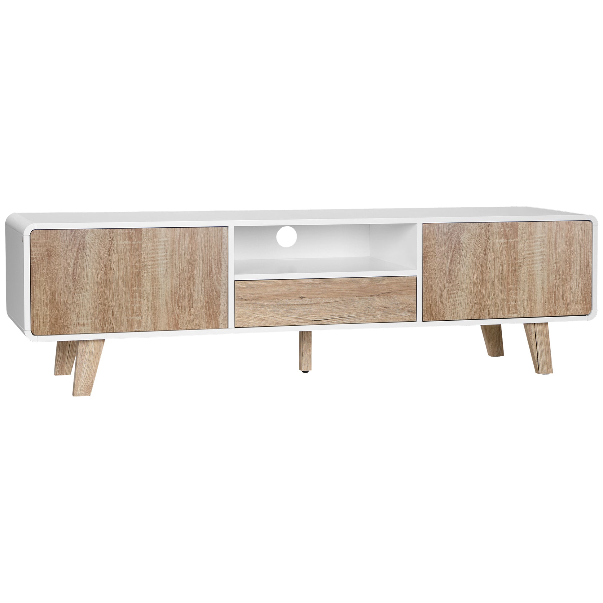 Low TV Stand Scandinavian Style 2 Doors Compartment Drawer MDF White Light Oak