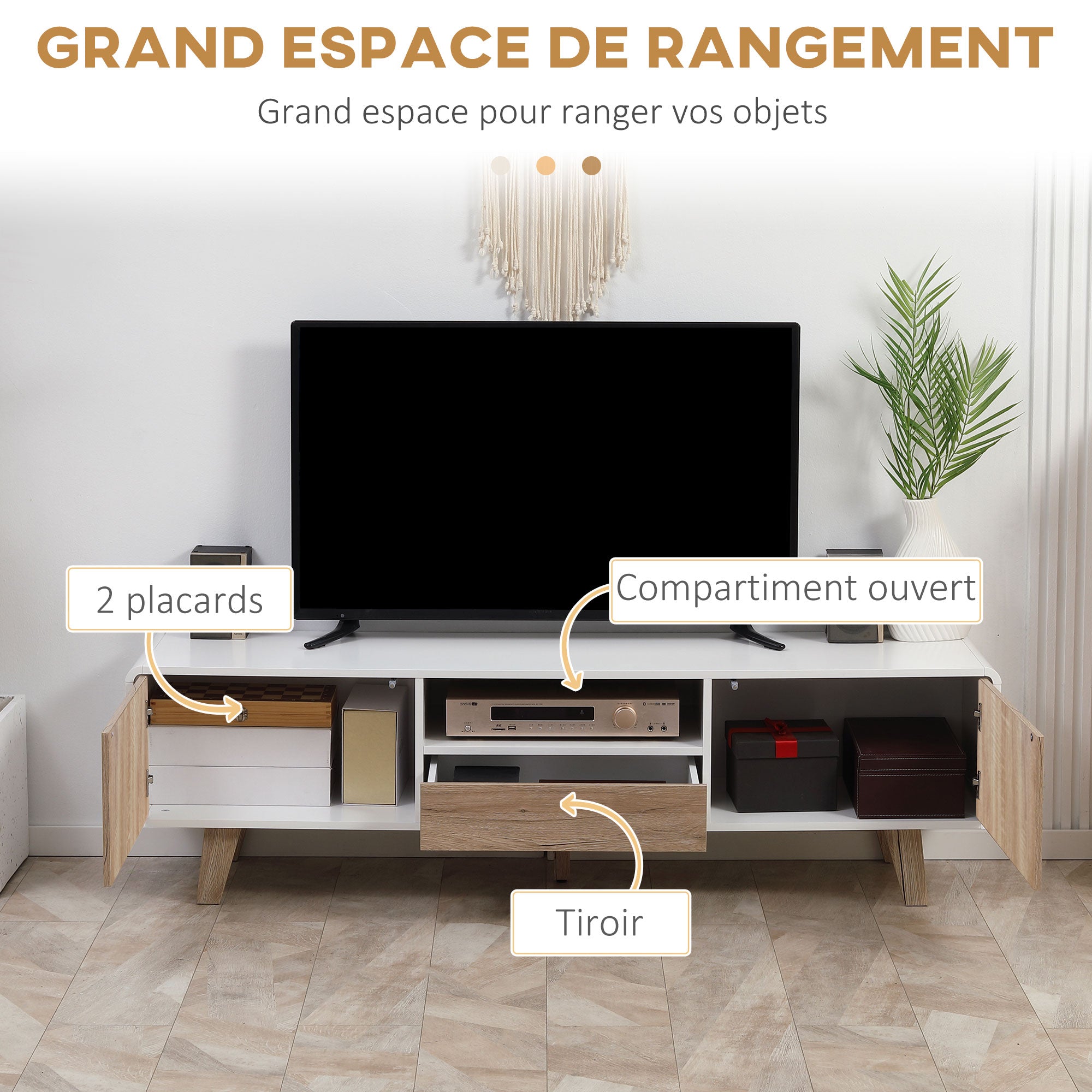 Low TV Stand Scandinavian Style 2 Doors Compartment Drawer MDF White Light Oak