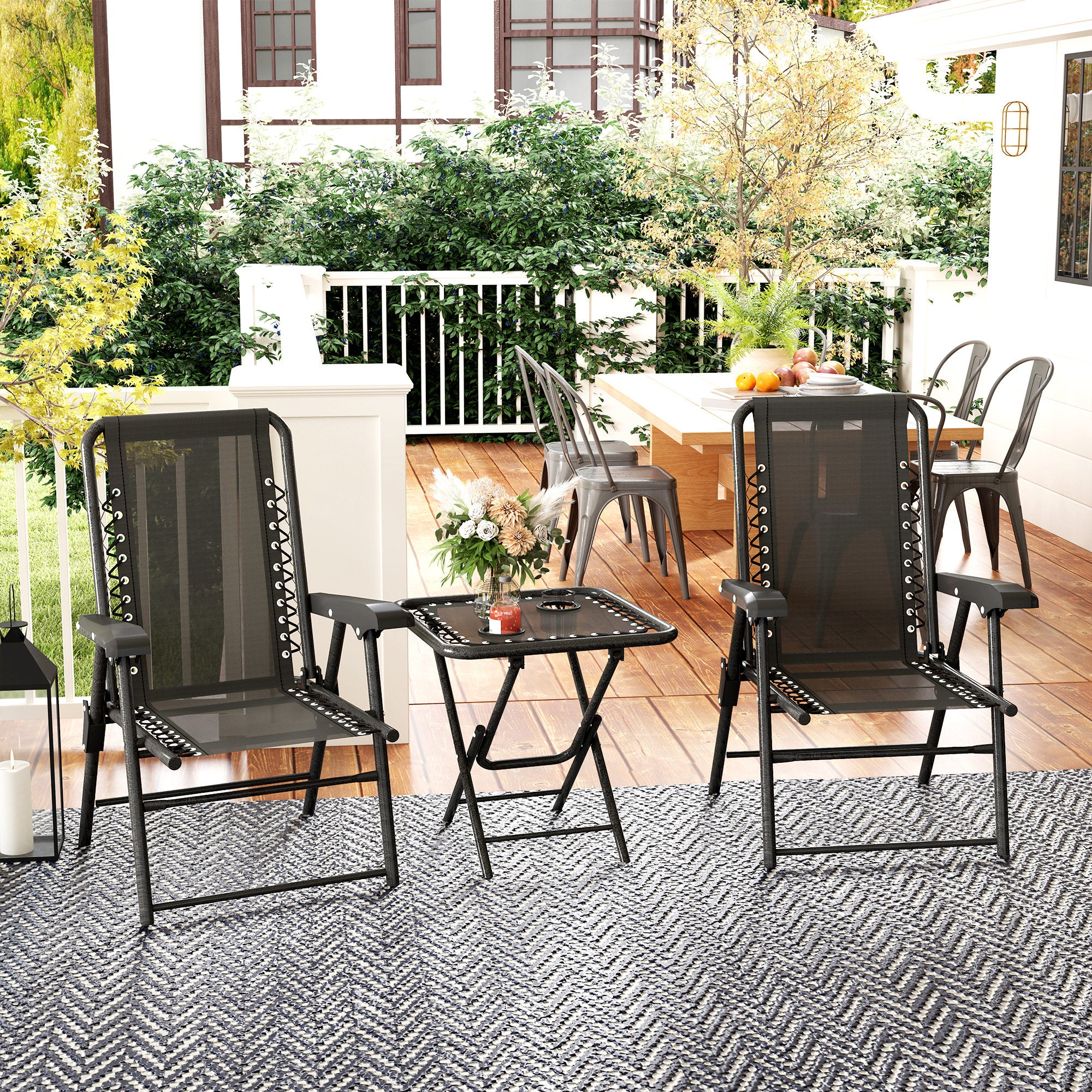 3-Piece Folding Bistro Set – Powder-Coated Steel, Black (2 Chairs + Table) with Cup Holders