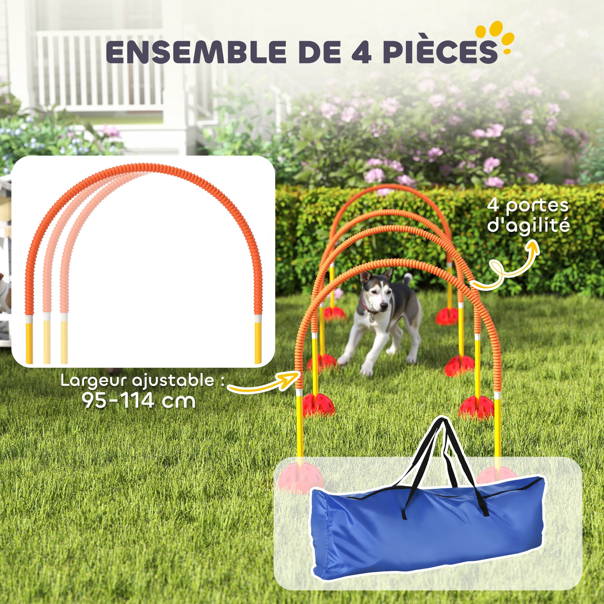 Dog Agility Equipment Kit, Dog Agility Kit with 4 Adjustable Width Doors, Carry Bag, Easy Assembly, Portable Dog Agility, Yellow and Orange