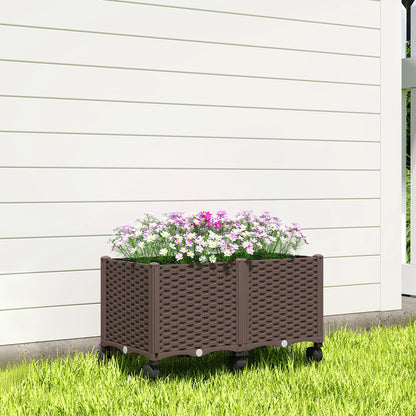 Raised Planter with 6 Wheels — Mobile Outdoor Plastic Planter with Self-Watering Reservoir & Drainage, 31.5×15.7×16.9 in, Brown