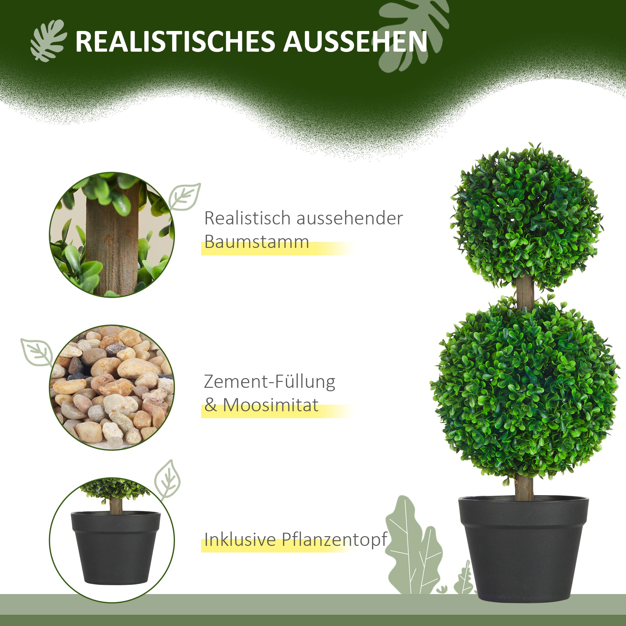 2-Pack Large Artificial Boxwood Tree 60 cm, UV Resistant Fake Plant, Plastic Artificial Plants in Pot, Artificial Tree, Fake Plant Looks Real for Living Room Bedroom Office Garden Decor Gift