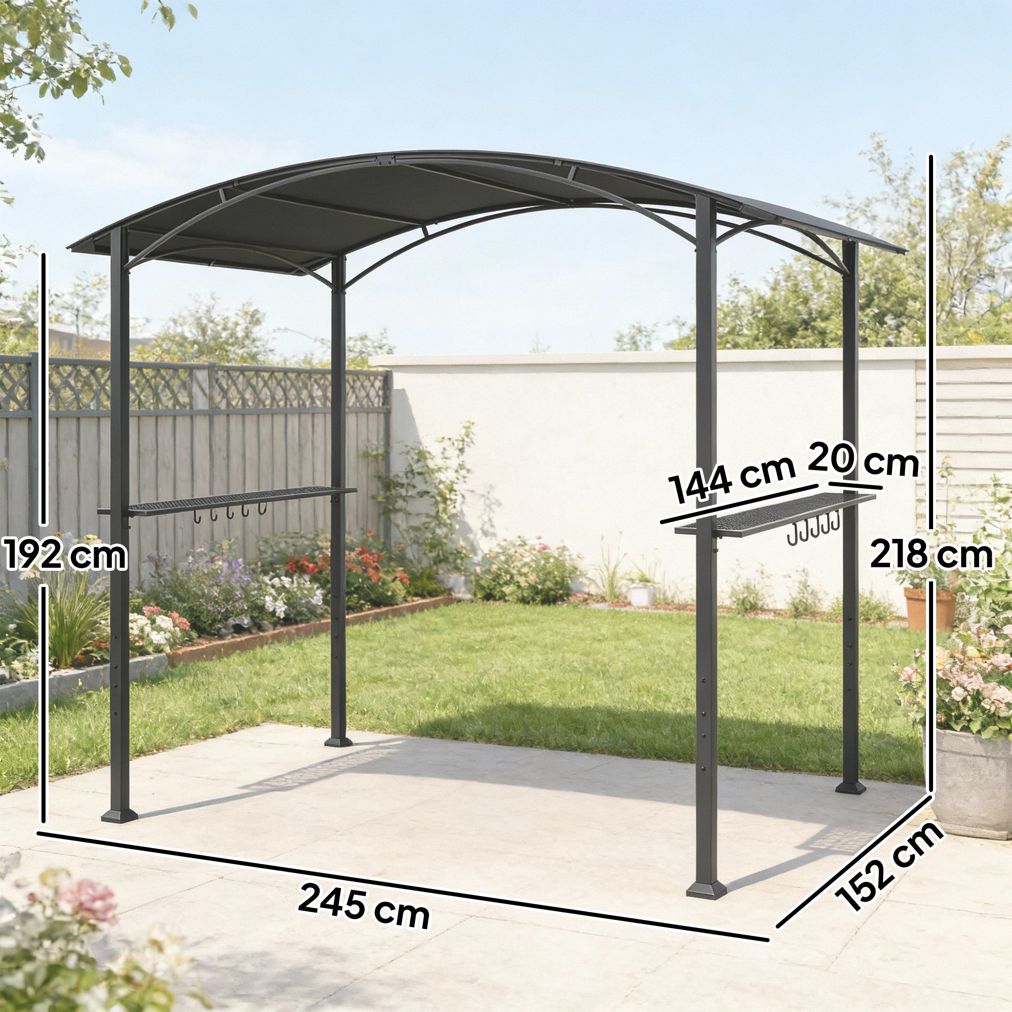 BBQ Shelter Gazebo 245 x 152 x 218 cm Steel with Side Shelves & Hooks — Outdoor Barbecue Canopy for Patio, Garden, Yard, Dark Gray