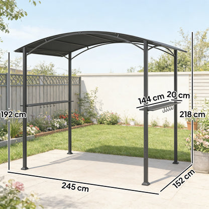 BBQ Shelter Gazebo 245 x 152 x 218 cm Steel with Side Shelves & Hooks — Outdoor Barbecue Canopy for Patio, Garden, Yard, Dark Gray