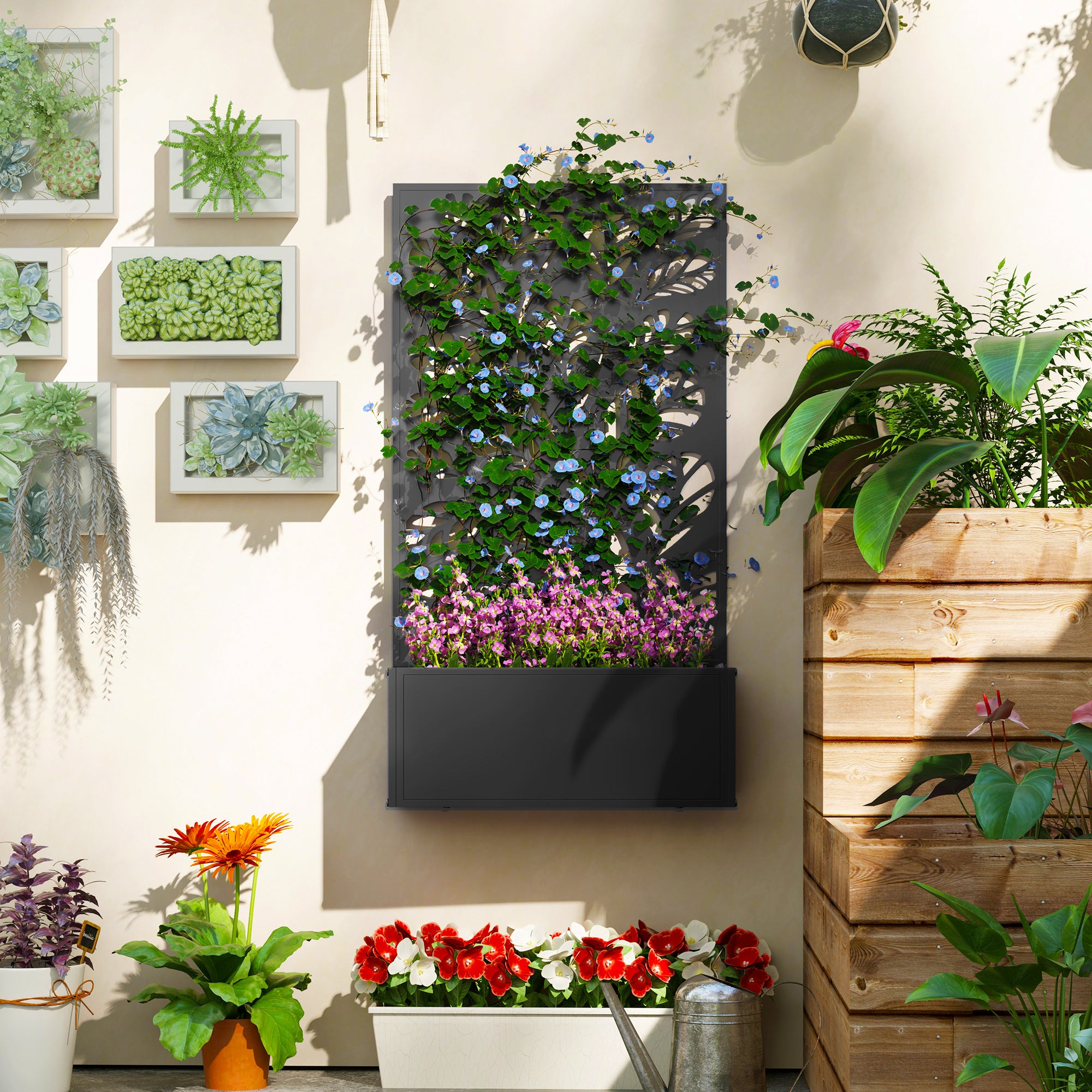 Raised Metal Planter with Branch & Leaf Trellis — Indoor/Outdoor Flower Bed for Climbing Plants, 24 x 9 x 44.5 in, Black