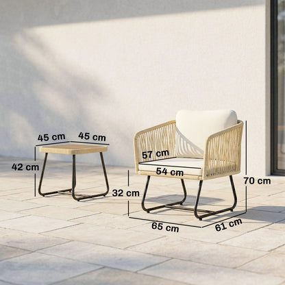 3-Piece Rattan Bistro Set with Acacia Slatted Table & 2 Padded Chairs, Cream White