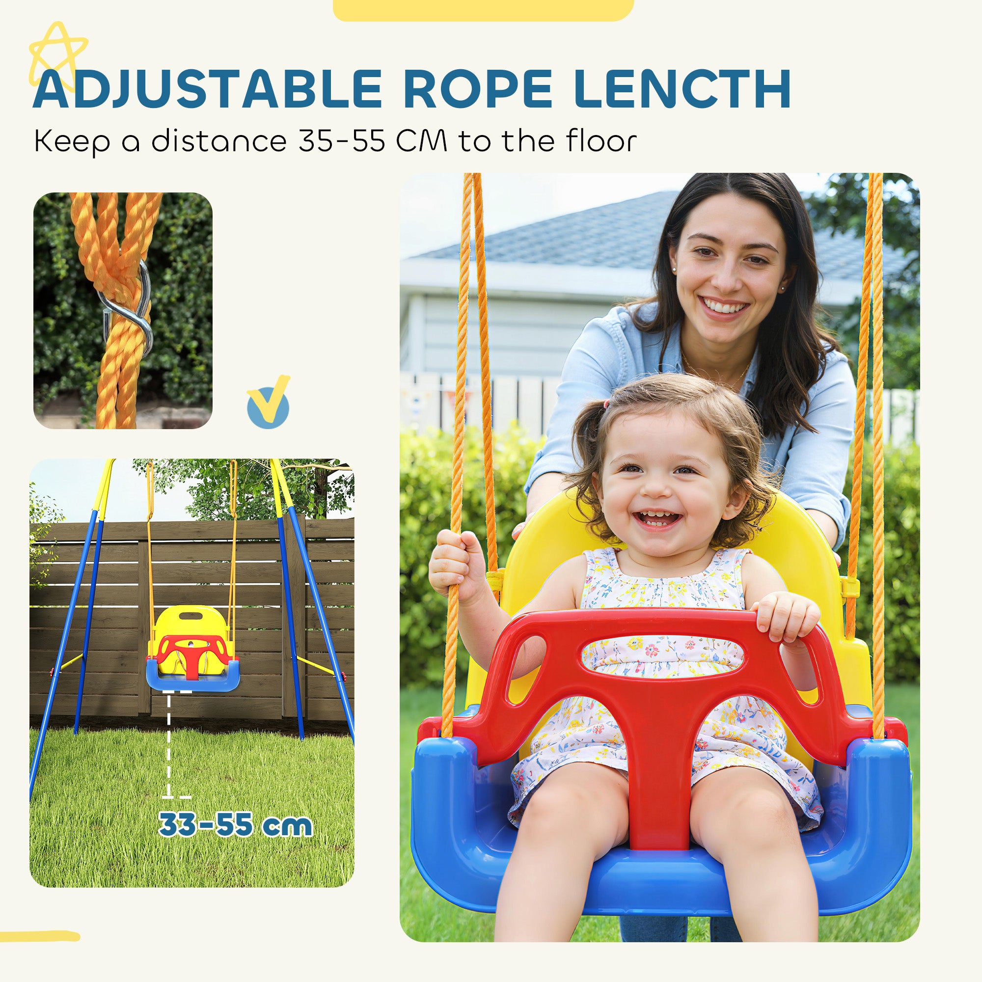 3-in-1 Adjustable Baby Swing with Backrest & Safety Harness — Fits Ages 9 Months–8 Years, Indoor & Outdoor, Blue