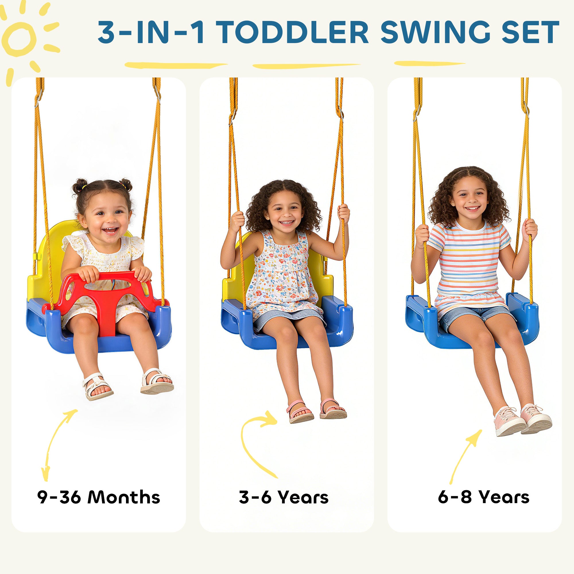 3-in-1 Adjustable Baby Swing with Backrest & Safety Harness — Fits Ages 9 Months–8 Years, Indoor & Outdoor, Blue