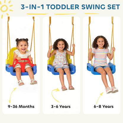3-in-1 Adjustable Baby Swing with Backrest & Safety Harness — Fits Ages 9 Months–8 Years, Indoor & Outdoor, Blue