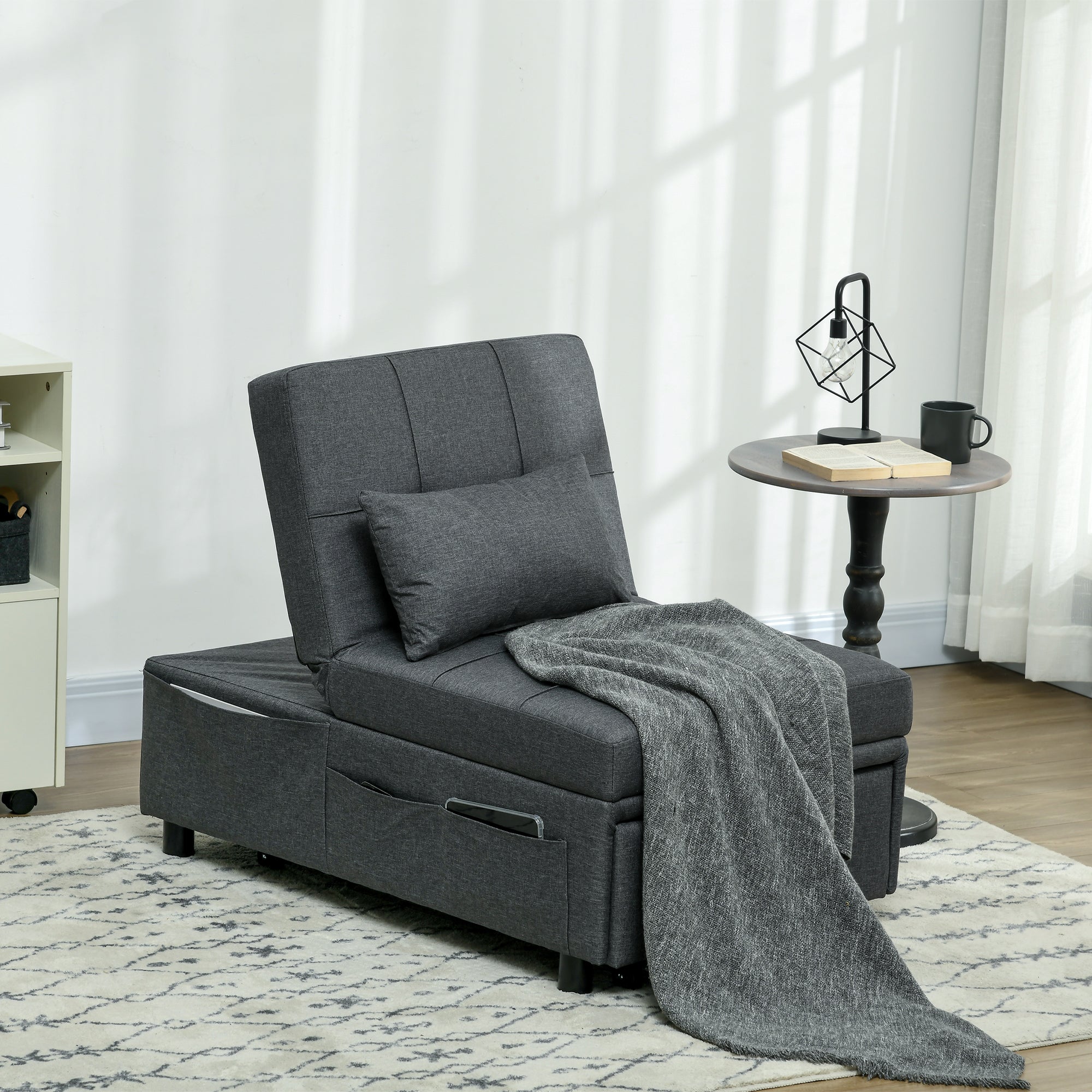 3-in-1 Convertible Single Armchair — Recliner, Ottoman & Single Sofa Bed, Adjustable Back, Padded Seat and Pillow, Gray