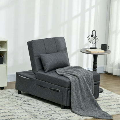 3-in-1 Convertible Single Armchair — Recliner, Ottoman & Single Sofa Bed, Adjustable Back, Padded Seat and Pillow, Gray