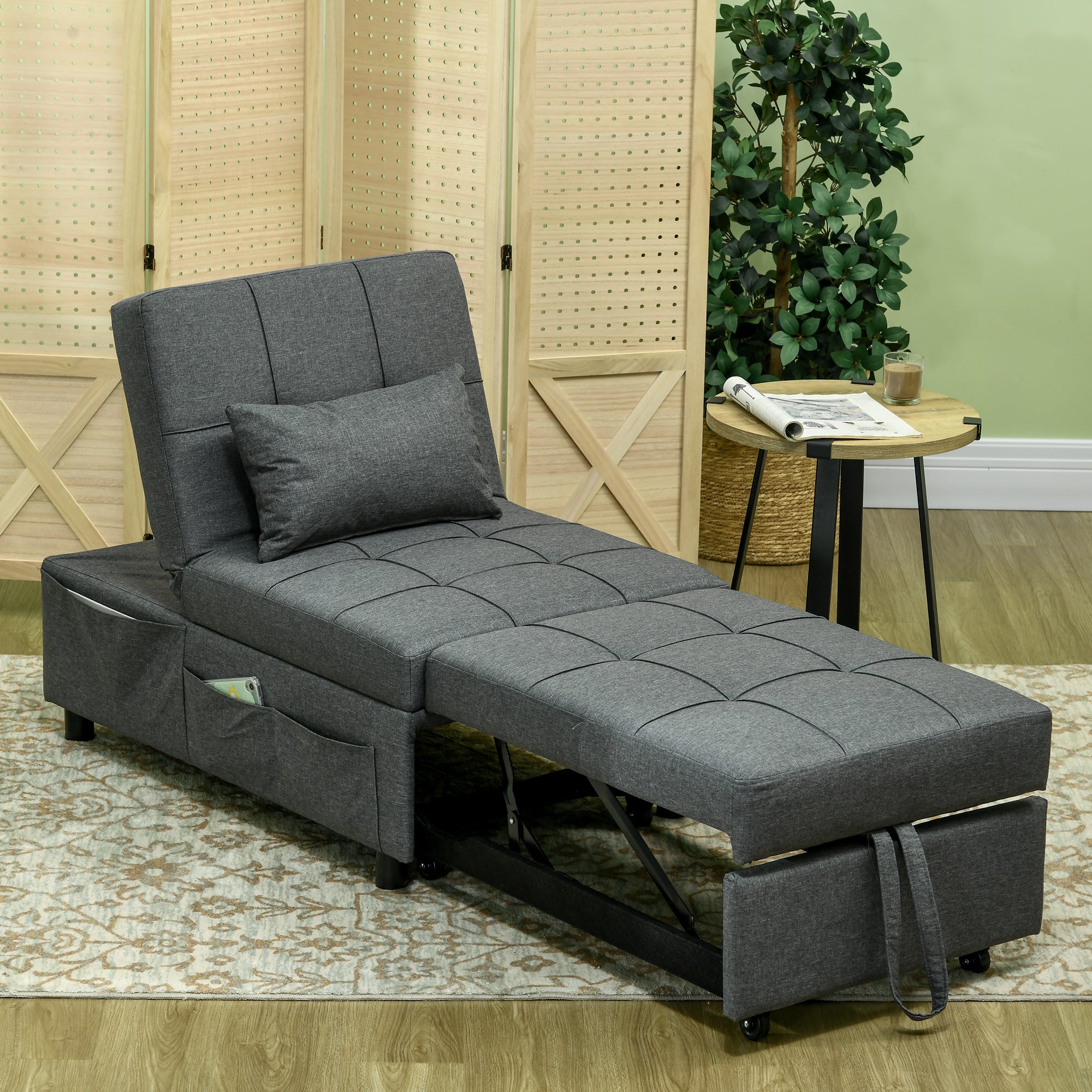 3-in-1 Convertible Single Armchair — Recliner, Ottoman & Single Sofa Bed, Adjustable Back, Padded Seat and Pillow, Gray