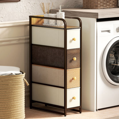 4-Drawer Foldable Fabric Chest, Narrow Storage Unit with Top Shelf and Steel Frame, Modern Style, Multicolor