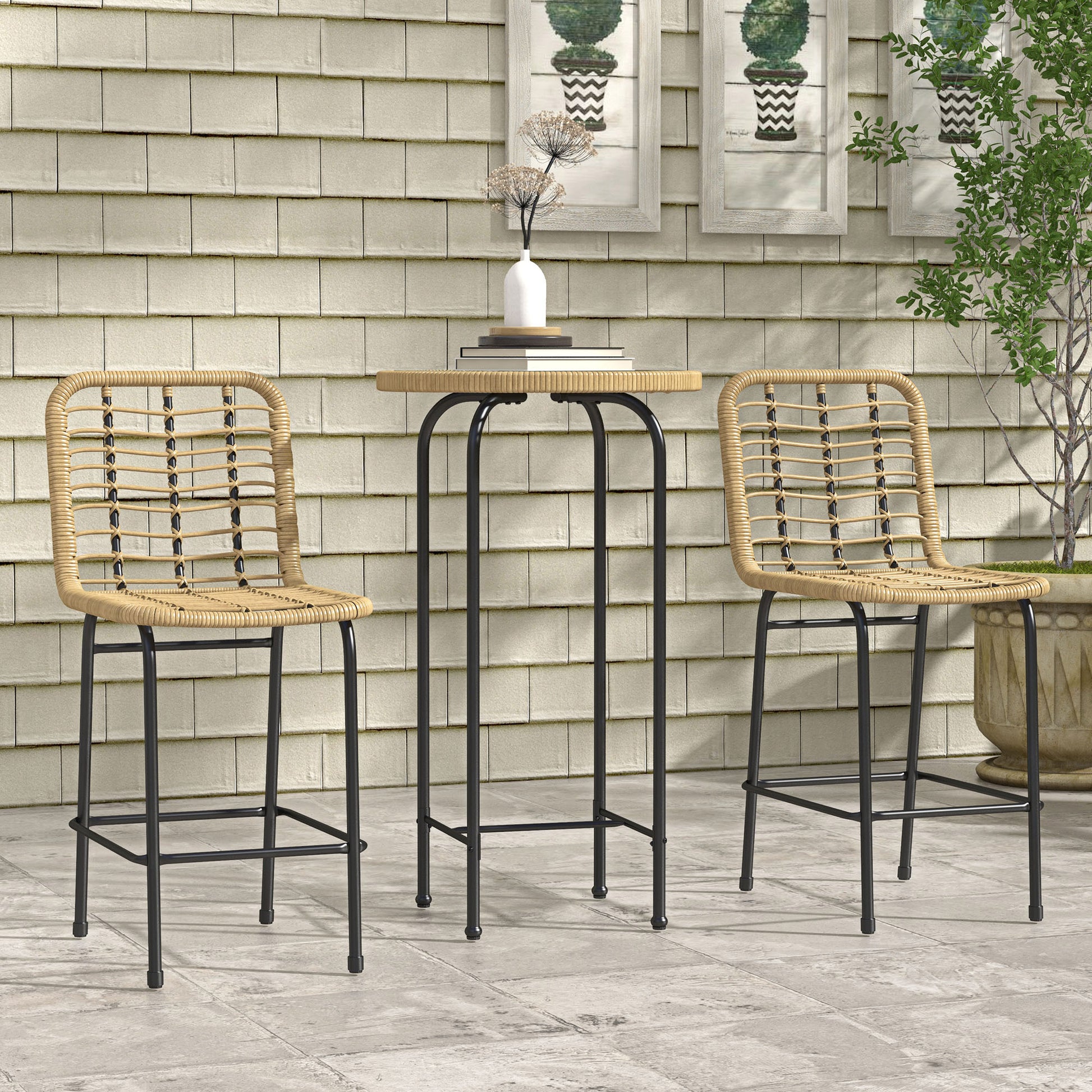 Garden Bar Set Bistro Garden Set 3 Pieces 1 Round High Table Bohemian Design + 2 Round Stools with Metal Footrest for 2 People Natural Black