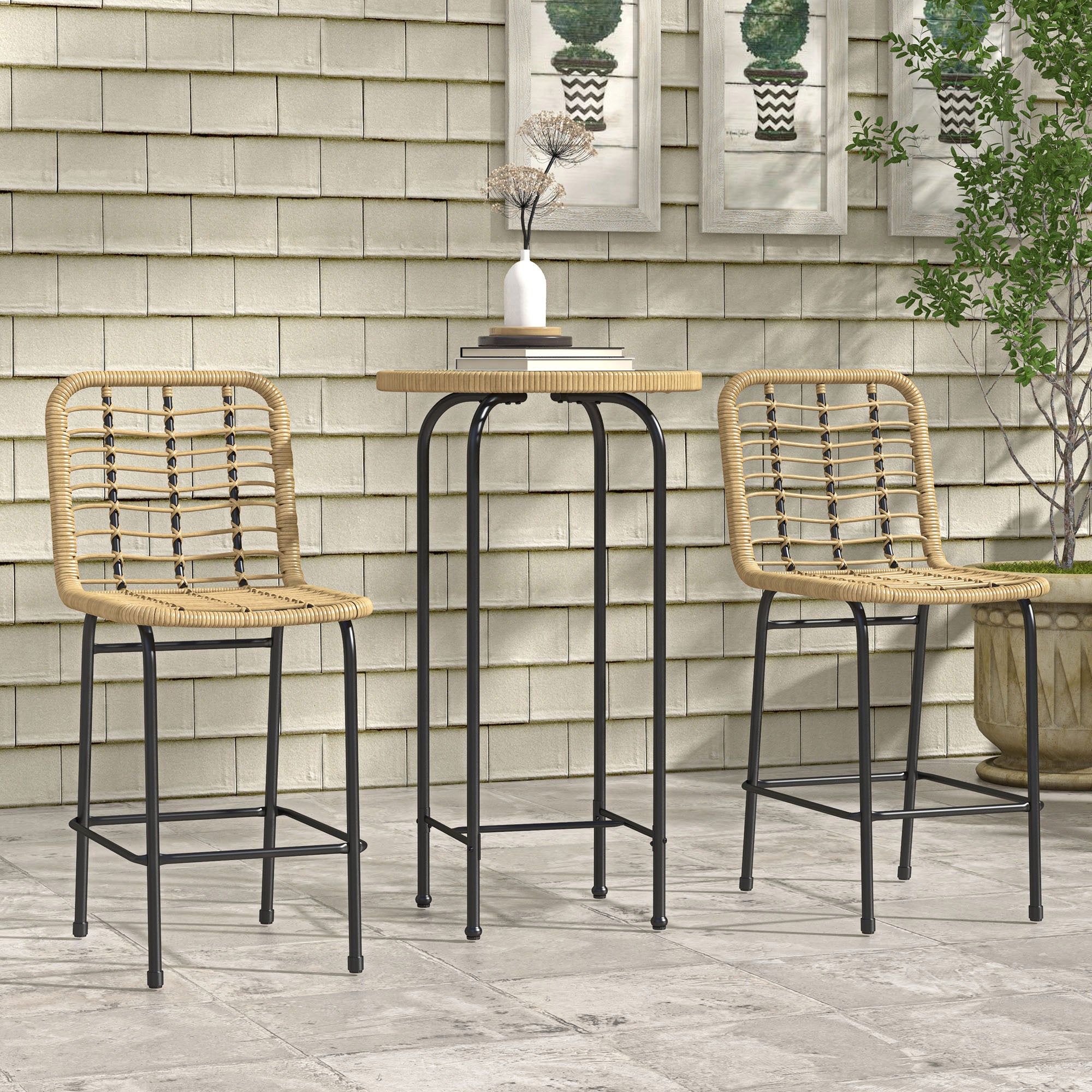 Garden Bar Set Bistro Garden Set 3 Pieces 1 Round High Table Bohemian Design + 2 Round Stools with Metal Footrest for 2 People Natural Black