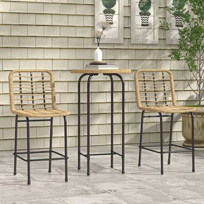 Garden Bar Set Bistro Garden Set 3 Pieces 1 Round High Table Bohemian Design + 2 Round Stools with Metal Footrest for 2 People Natural Black