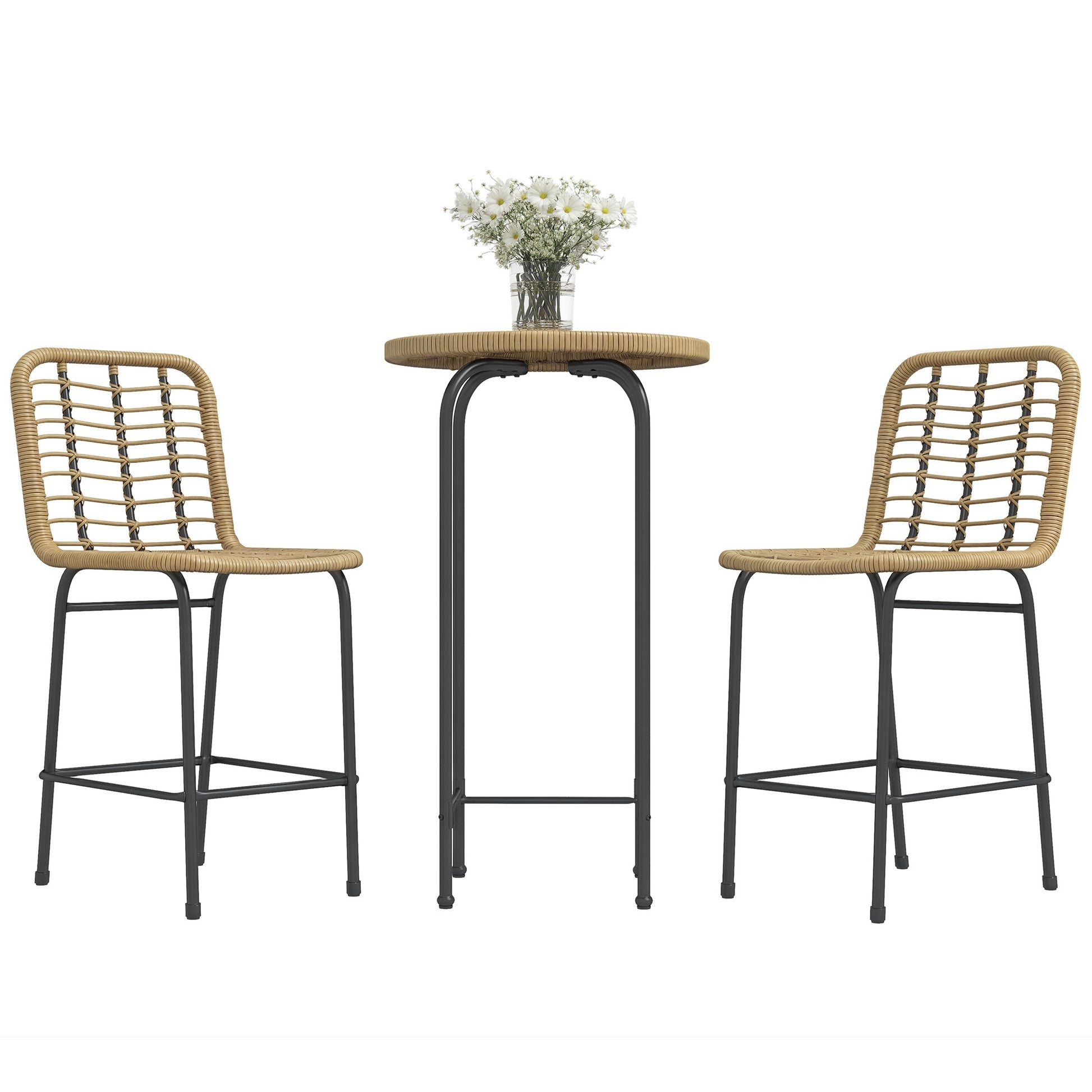 Garden Bar Set Bistro Garden Set 3 Pieces 1 Round High Table Bohemian Design + 2 Round Stools with Metal Footrest for 2 People Natural Black