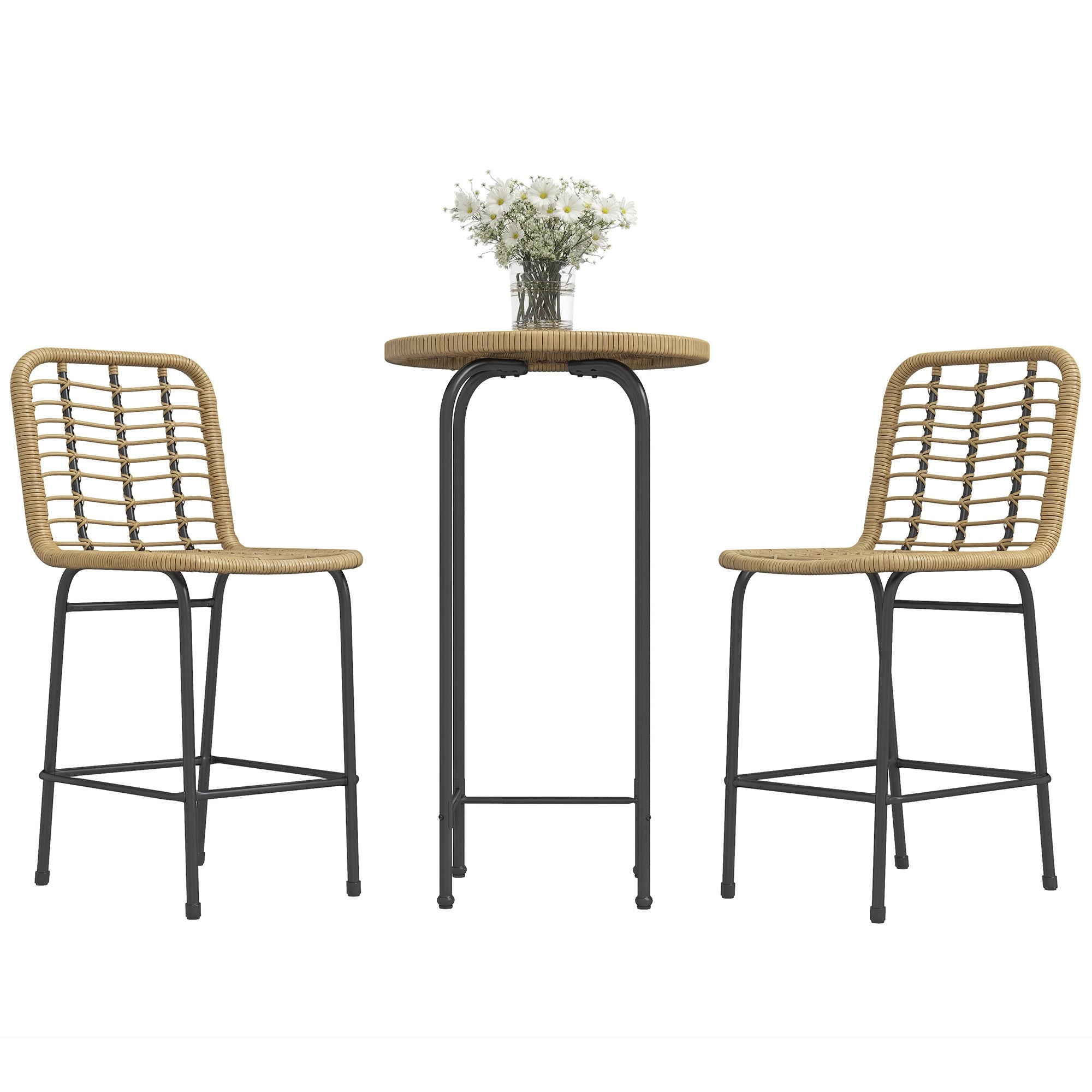 Garden Bar Set Bistro Garden Set 3 Pieces 1 Round High Table Bohemian Design + 2 Round Stools with Metal Footrest for 2 People Natural Black