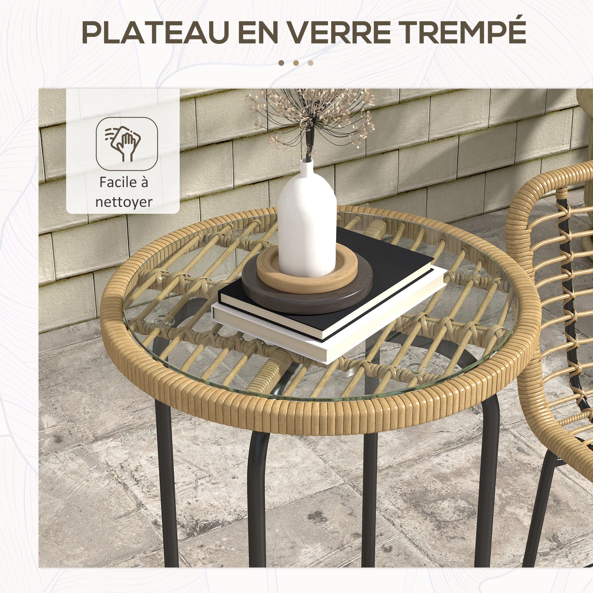 Garden Bar Set Bistro Garden Set 3 Pieces 1 Round High Table Bohemian Design + 2 Round Stools with Metal Footrest for 2 People Natural Black