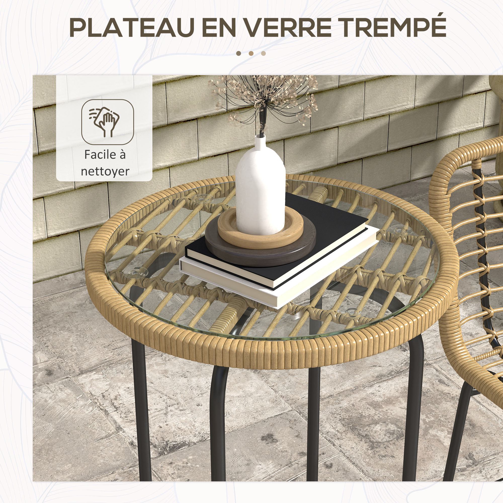 Garden Bar Set Bistro Garden Set 3 Pieces 1 Round High Table Bohemian Design + 2 Round Stools with Metal Footrest for 2 People Natural Black