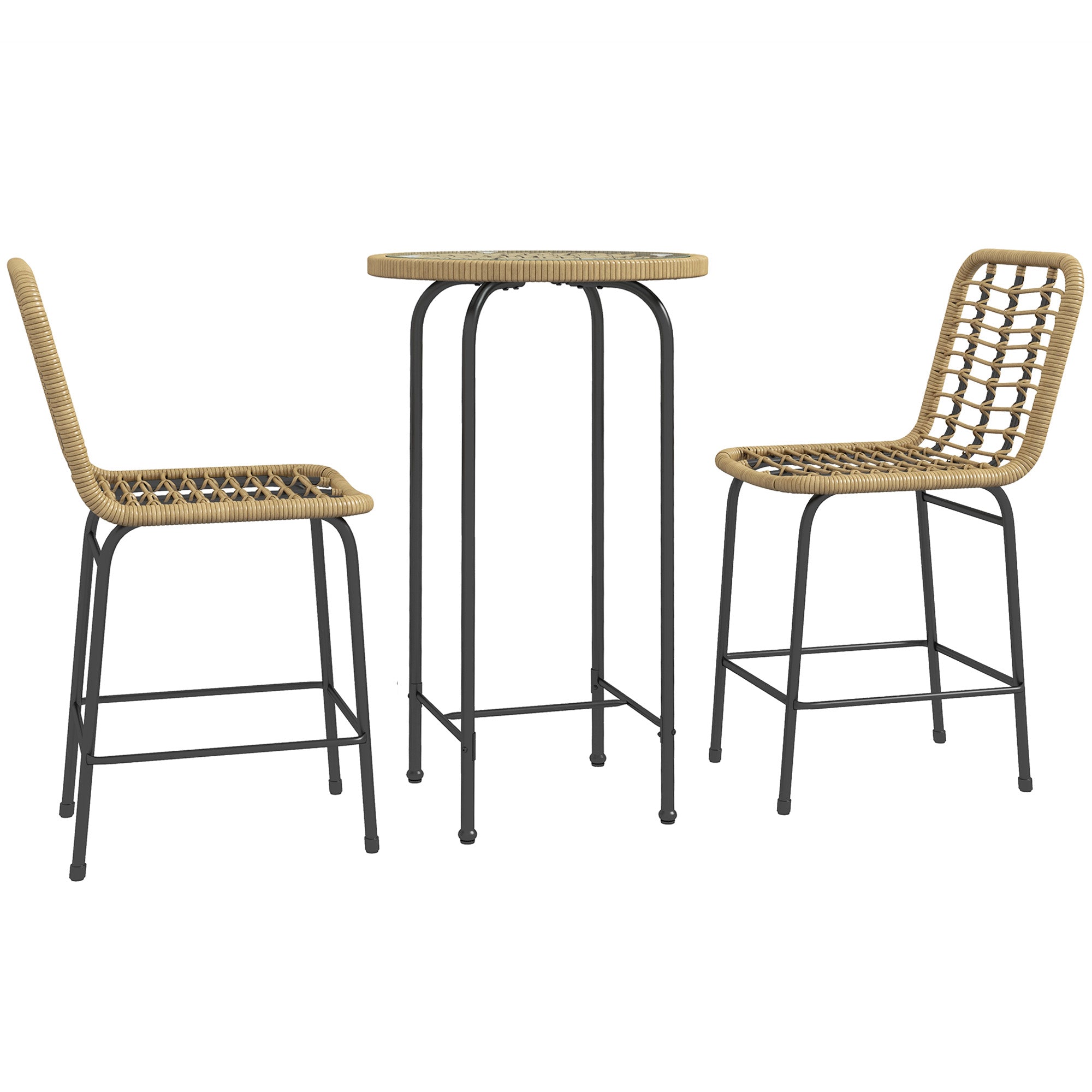 Garden Bar Set Bistro Garden Set 3 Pieces 1 Round High Table Bohemian Design + 2 Round Stools with Metal Footrest for 2 People Natural Black