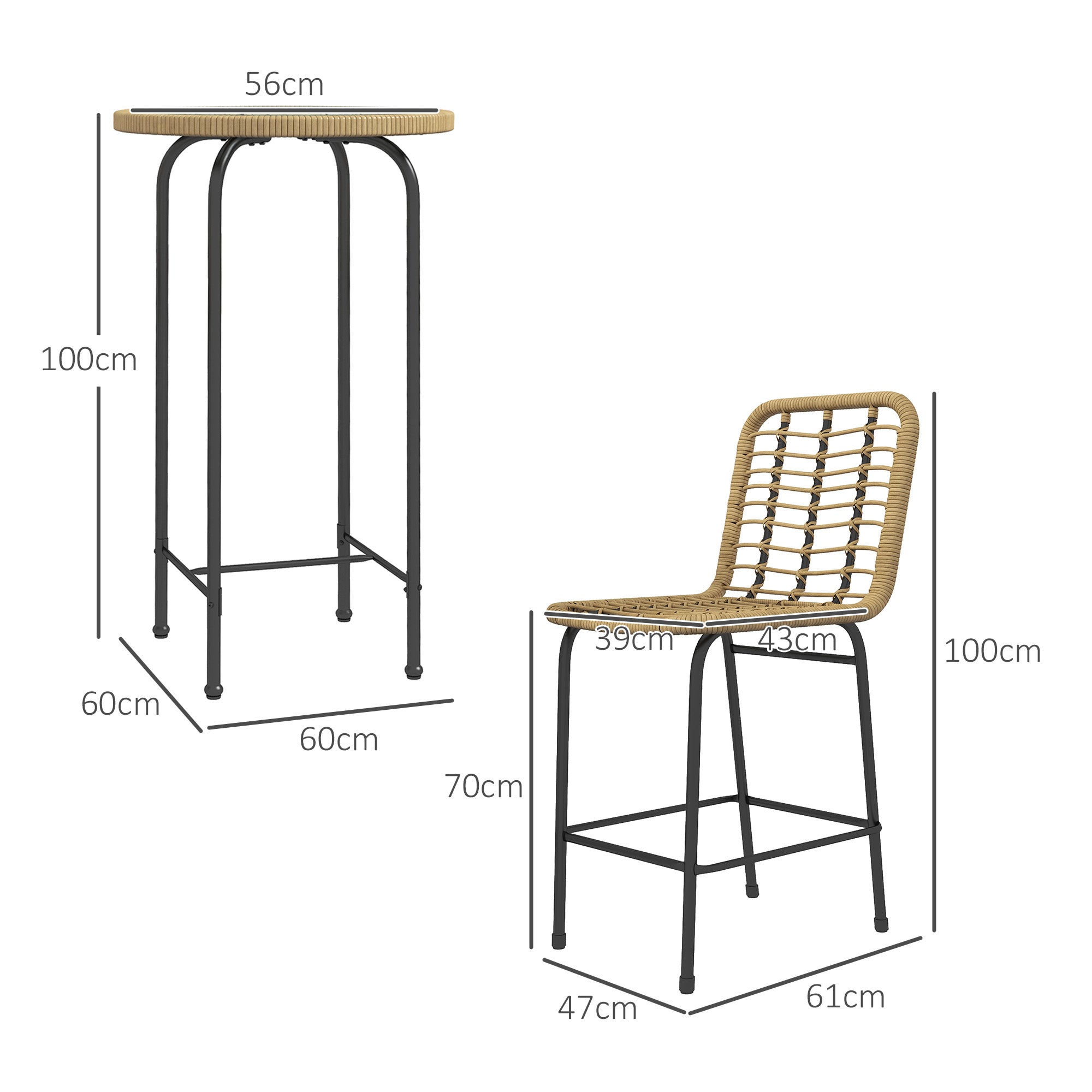 Garden Bar Set Bistro Garden Set 3 Pieces 1 Round High Table Bohemian Design + 2 Round Stools with Metal Footrest for 2 People Natural Black