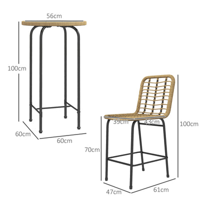 Garden Bar Set Bistro Garden Set 3 Pieces 1 Round High Table Bohemian Design + 2 Round Stools with Metal Footrest for 2 People Natural Black