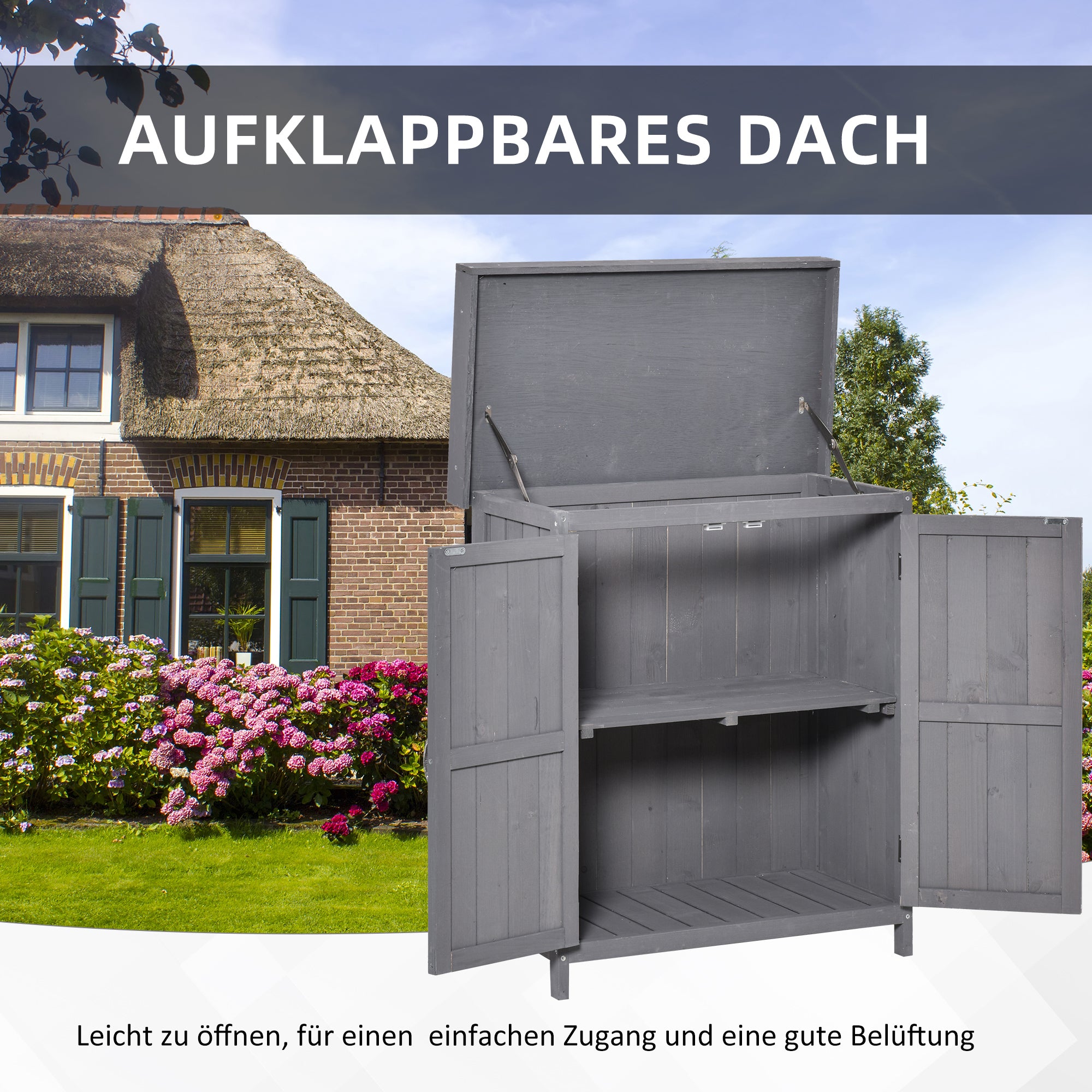 Garden Shed Spruce Wood, Weatherproof Tool Shed 74x43x88cm, Tool Shed with Double Door, 2 Compartments, Tool Cabinet, Garden Tool Shed for Garden, Terrace, Dark Gray