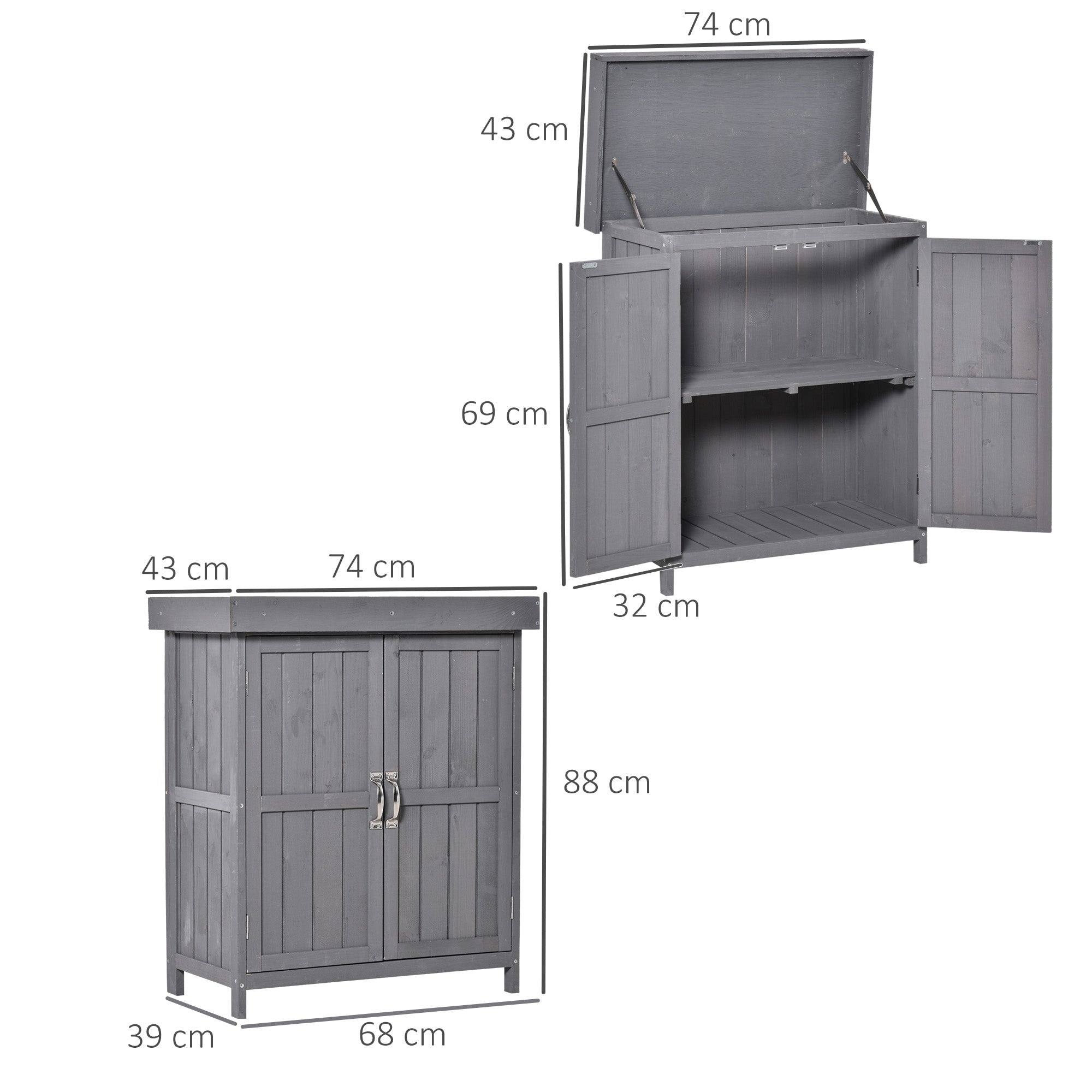 Garden Shed Spruce Wood, Weatherproof Tool Shed 74x43x88cm, Tool Shed with Double Door, 2 Compartments, Tool Cabinet, Garden Tool Shed for Garden, Terrace, Dark Gray