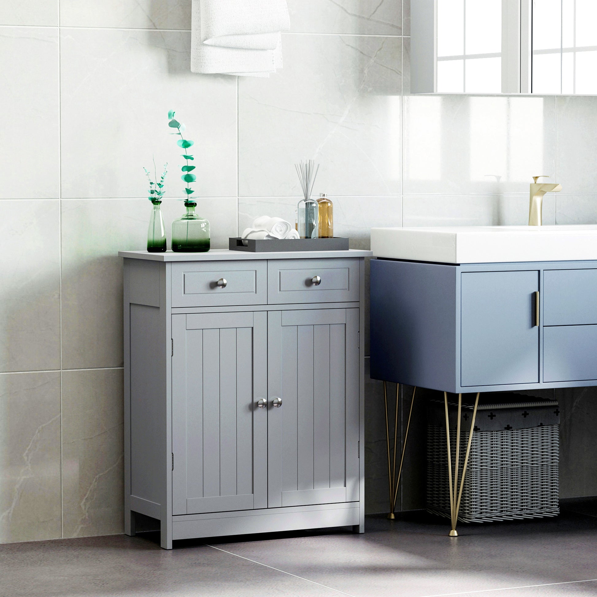 Storage Cabinet, Bathroom Cabinet, Cupboard with 2 Doors 2 Drawers - 60 x 30 x 75 cm - Gray