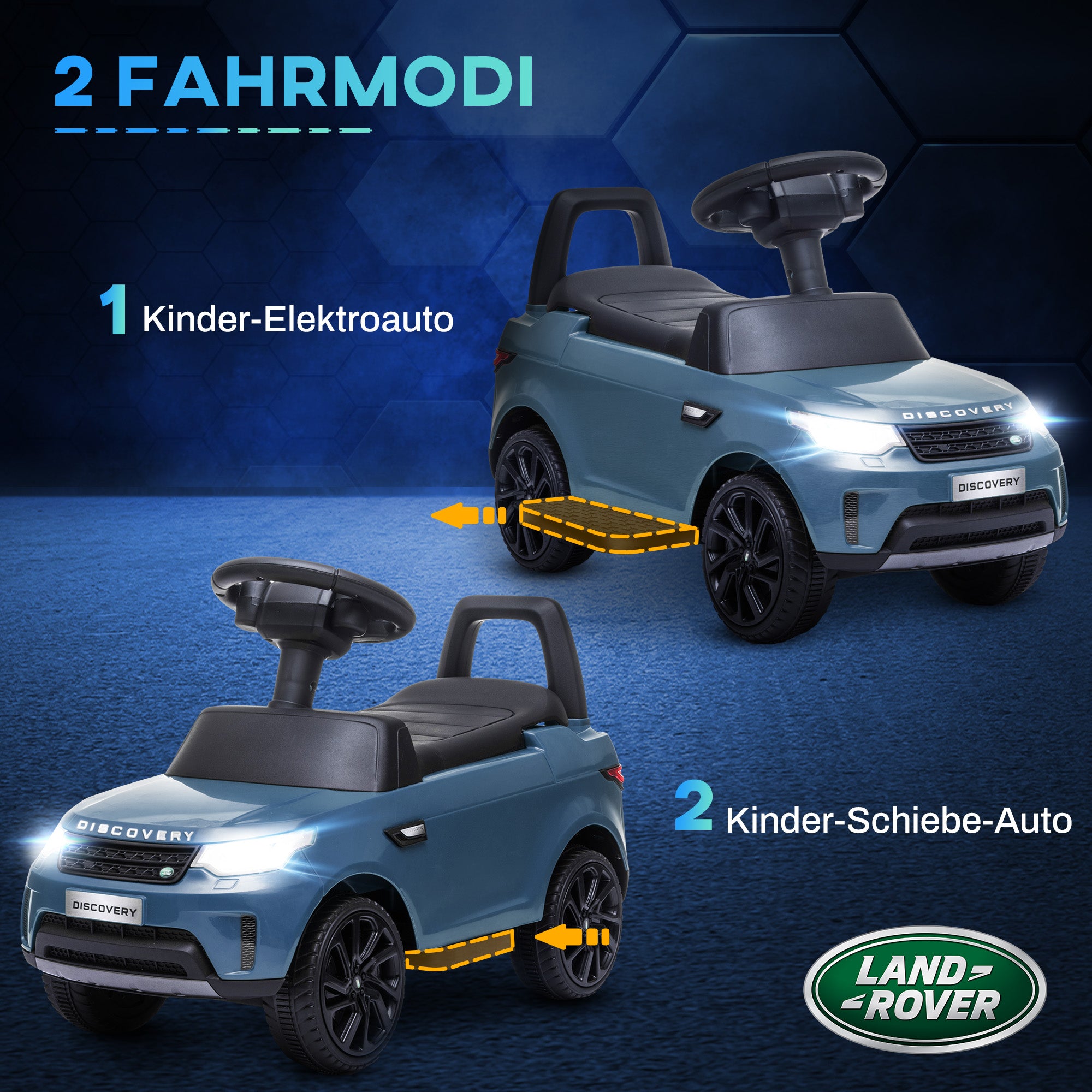 Land Rover Kids Electric Car 2 in 1 6V Kids Car with Push Mode, Music, Horn, Electric Vehicle, Push Car, Slider Vehicle with Headlight, 3 km/h, for 1.5-5 Year Old Kids, Light Blue