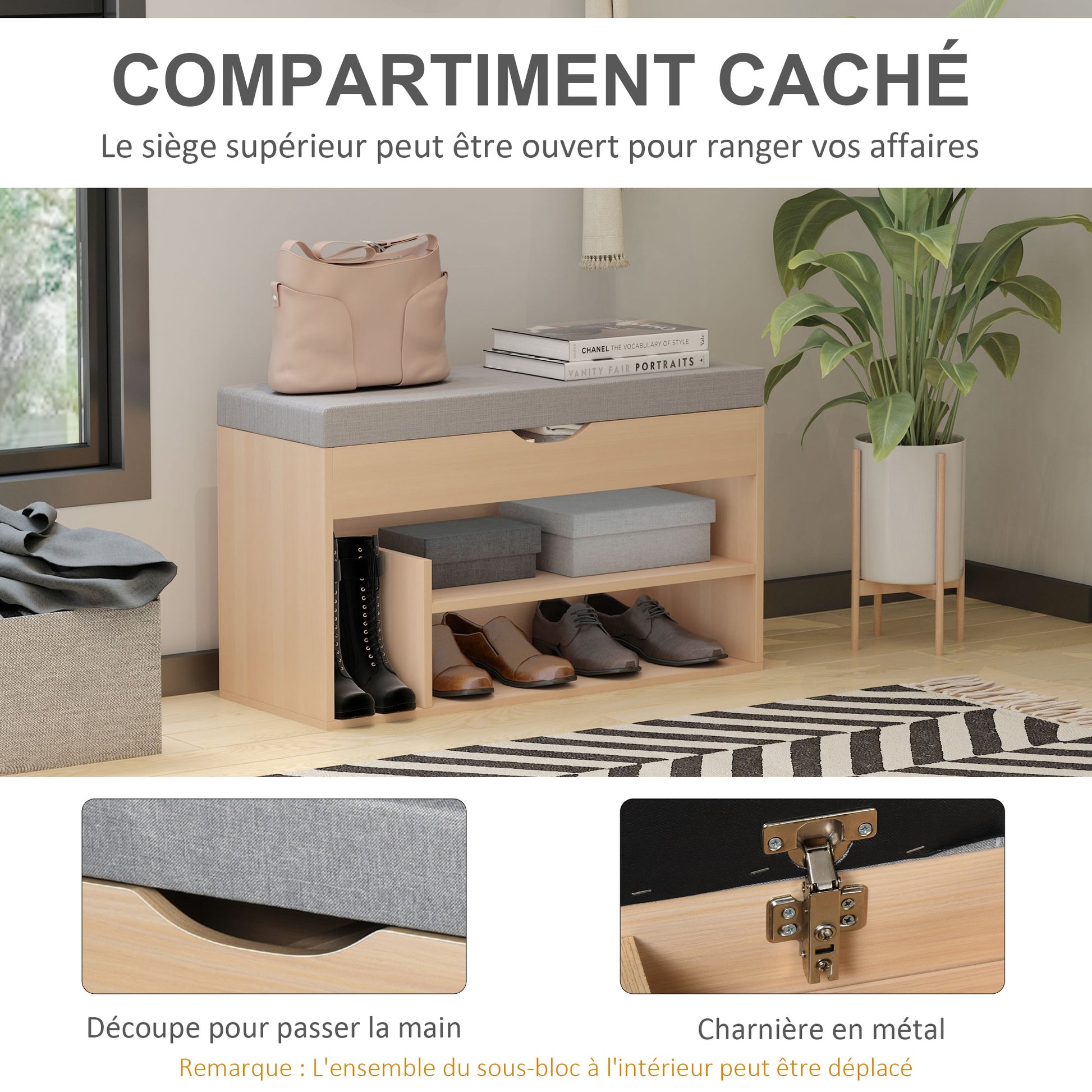 Shoe Storage Bench Shoe Rack 2-Tier with Hidden Compartment Beige Gray Cushion