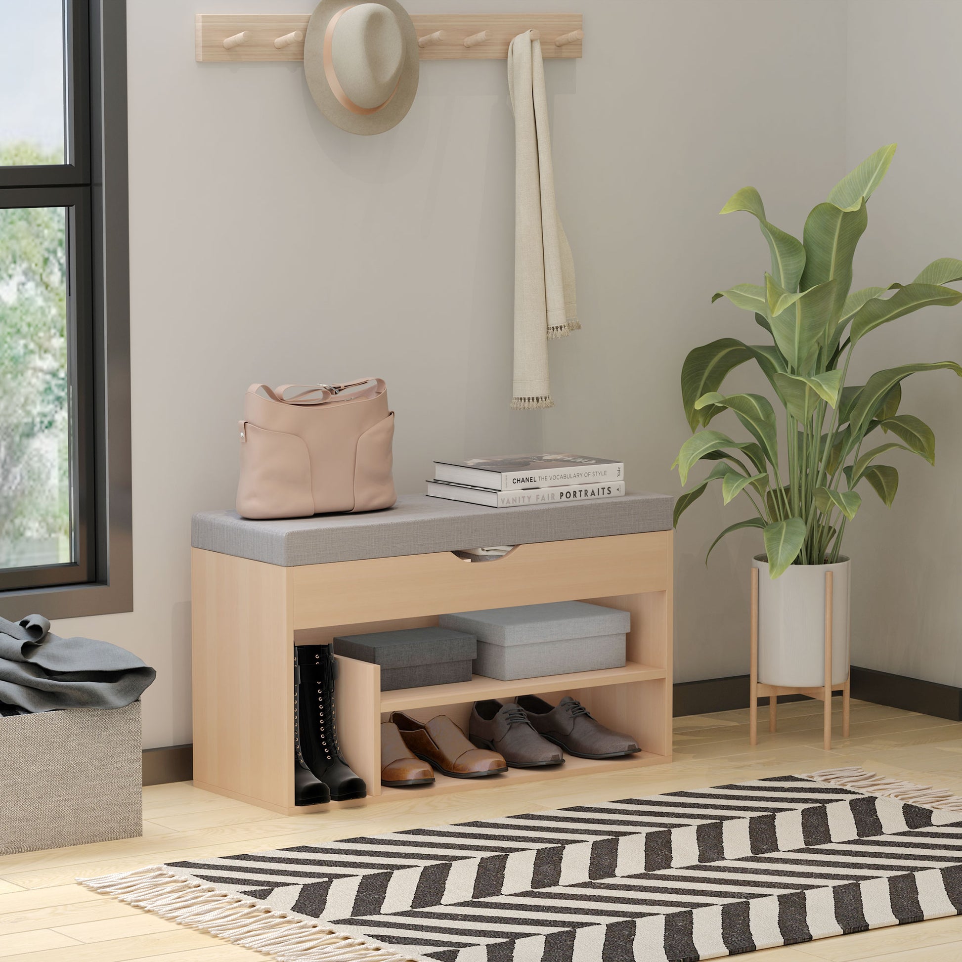 Shoe Storage Bench Shoe Rack 2-Tier with Hidden Compartment Beige Gray Cushion