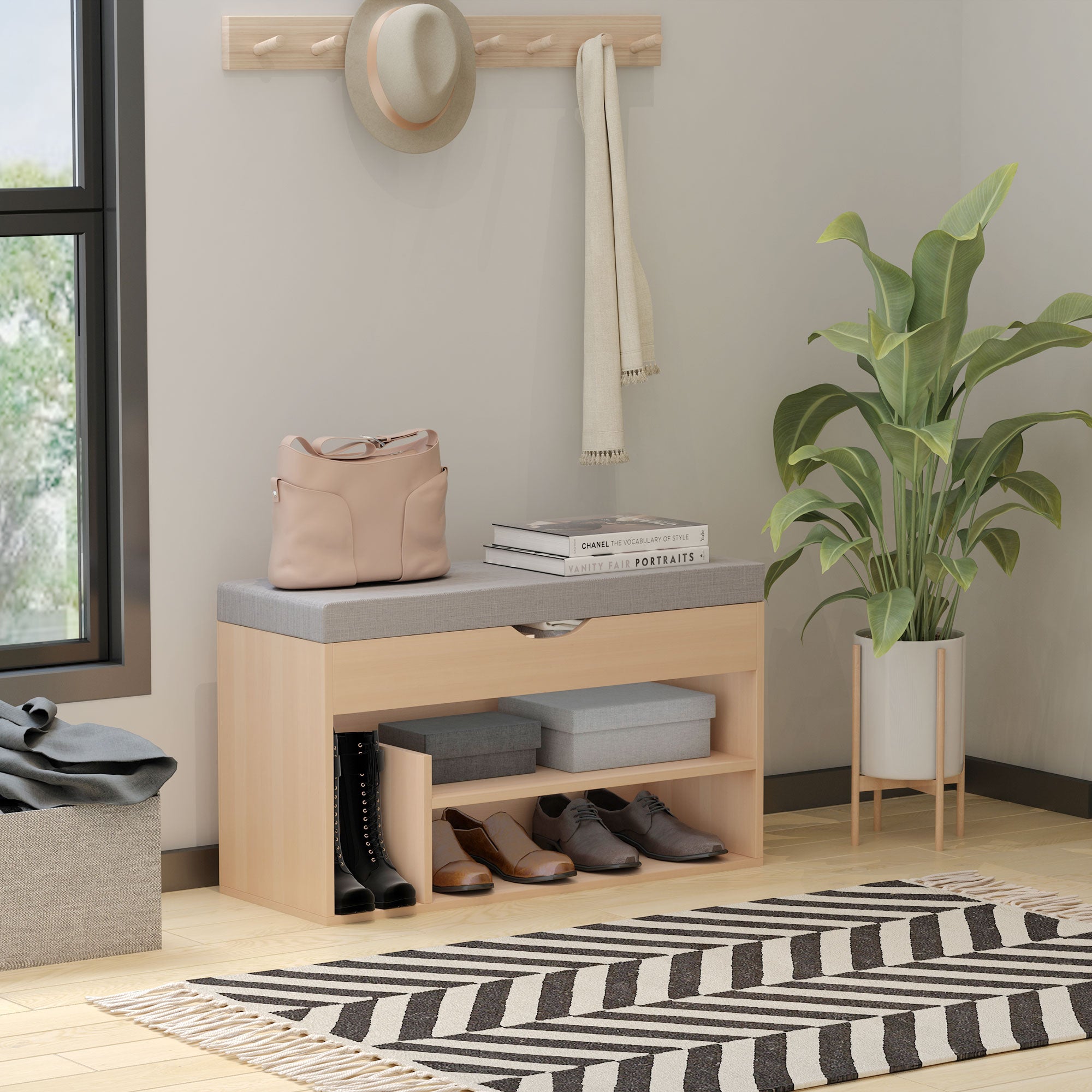 Shoe Storage Bench Shoe Rack 2-Tier with Hidden Compartment Beige Gray Cushion
