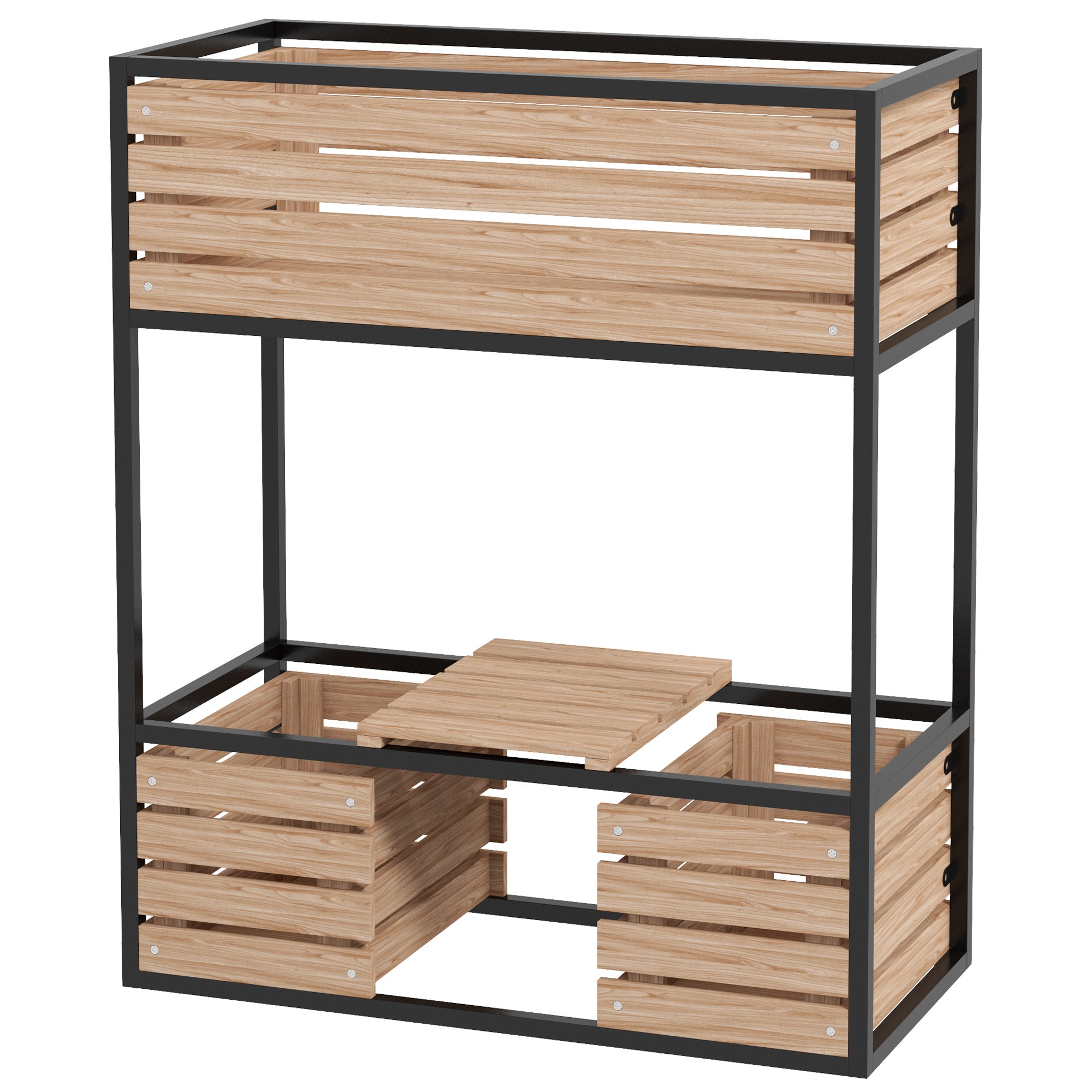 Wooden Raised Bed, 2-Tier Planter with Shelf, Elevated Vegetable Bed with Inner Fleece, Herb Bed for Garden, Balcony, Light Brown, 83 x 39 x 100 cm